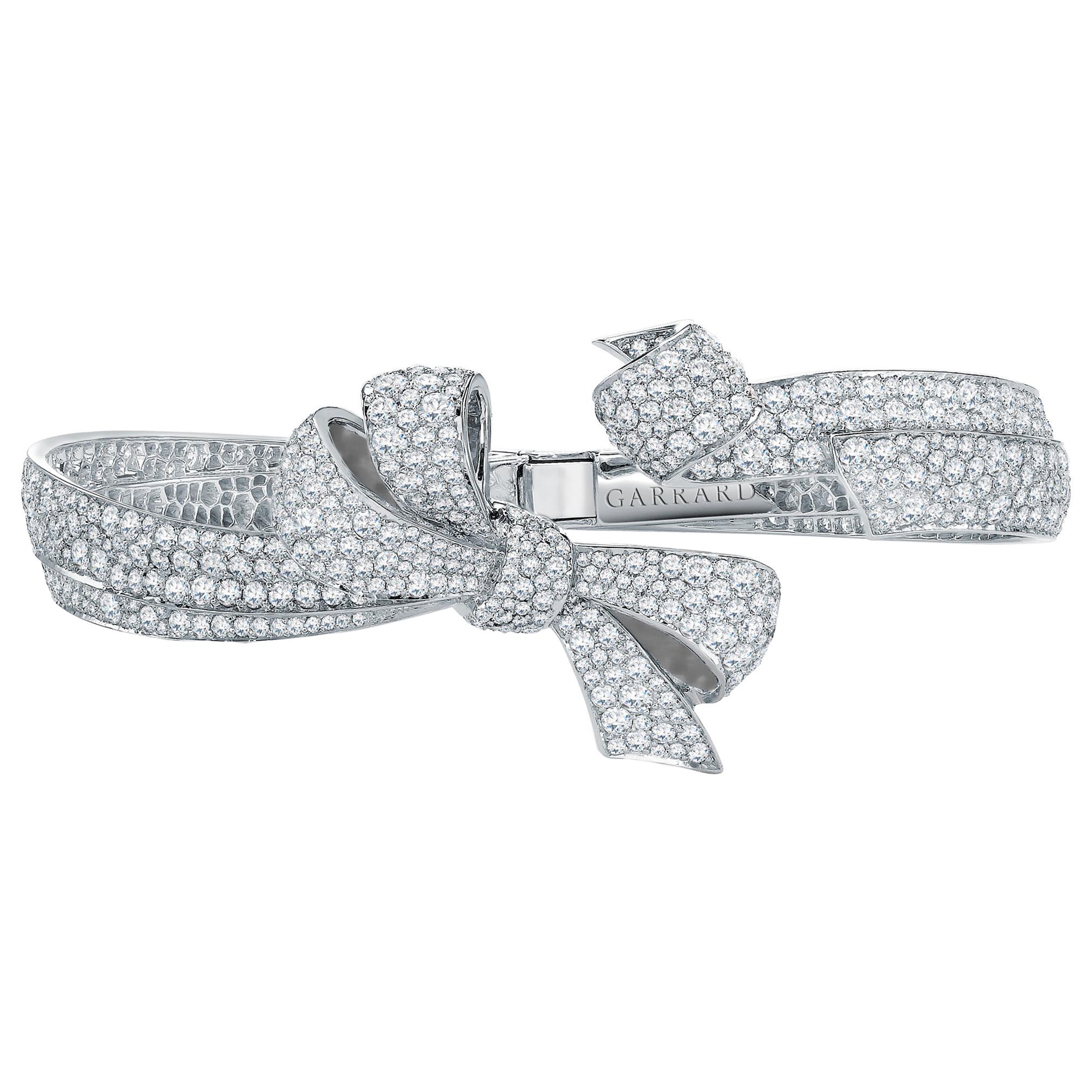 Garrard 'Bow' 18 Karat White Gold White Diamond Bangle Cuff For Sale