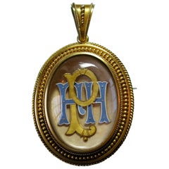 Antique Garrard & Co Locket Etruscan Revival Enamel "P" Monogram 14 Karat Gold Victorian