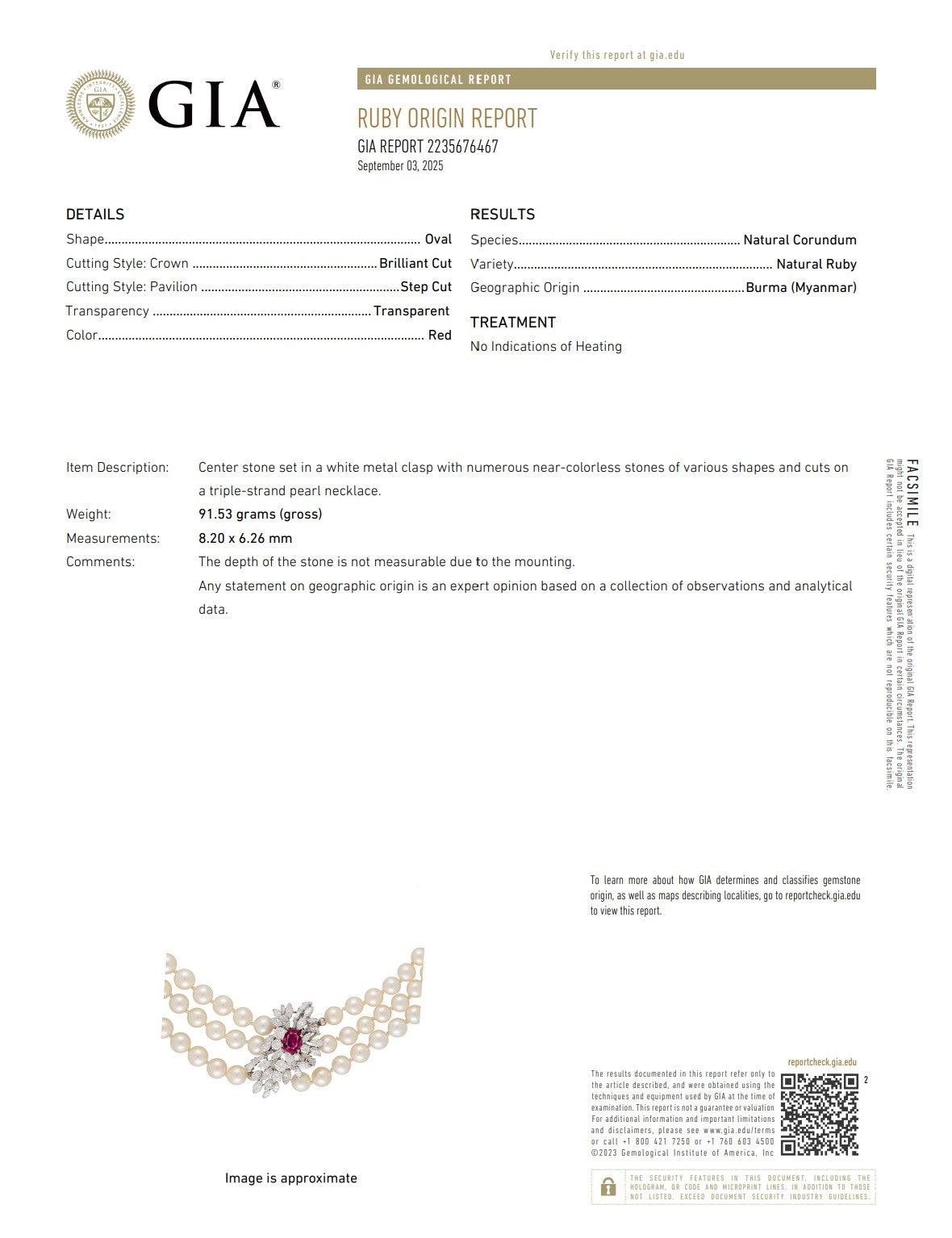Art déco GARRARD & CO. Collier de perles en or 18Kt 7.42 cts en diamants et rubis birman GIA en vente