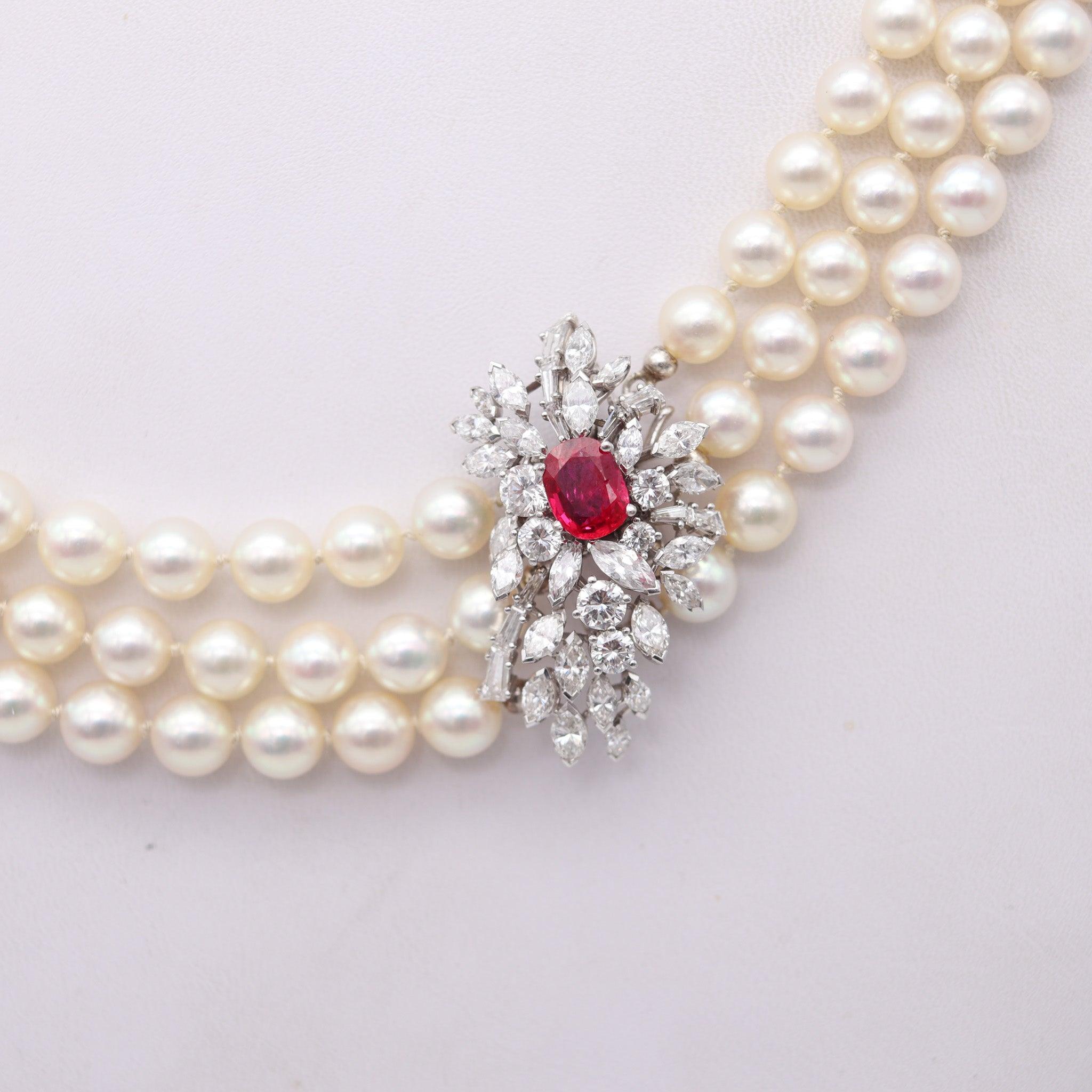 Taille brillant GARRARD & CO. Collier de perles en or 18Kt 7.42 cts en diamants et rubis birman GIA en vente