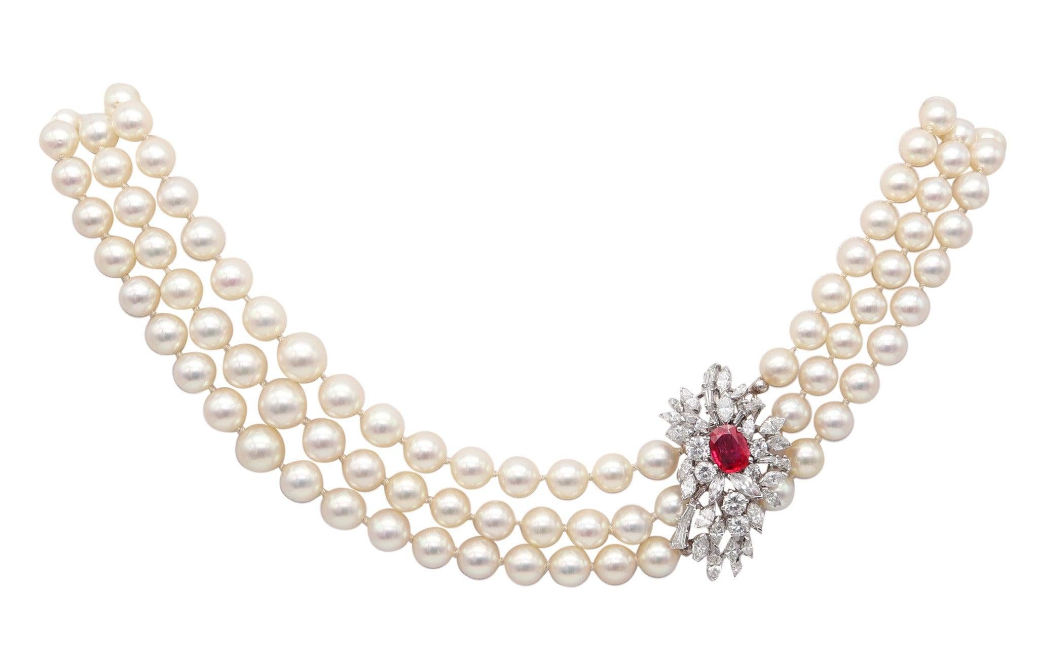 GARRARD & CO. Perlen Halskette 18Kt Gold 7.42 Cts in Diamanten & GIA Burmese Ruby