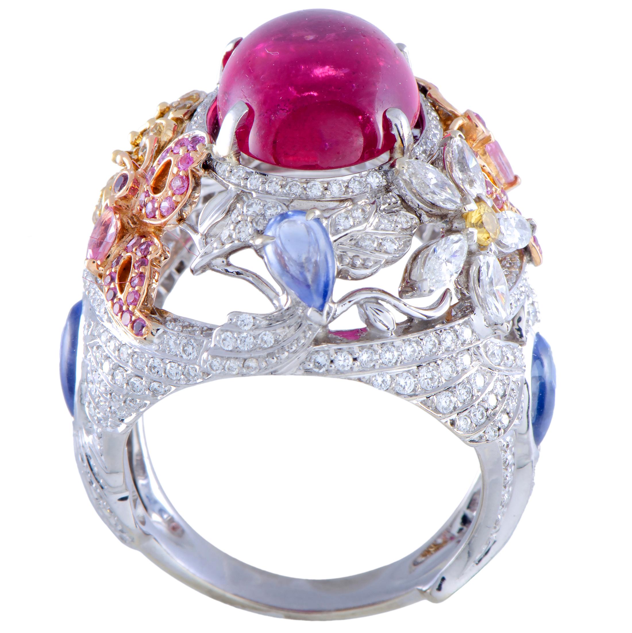Garrard Diamond, Pink Tourmaline and Sapphire Yellow, White and Rose Gold Ring In Excellent Condition In Southampton, PA