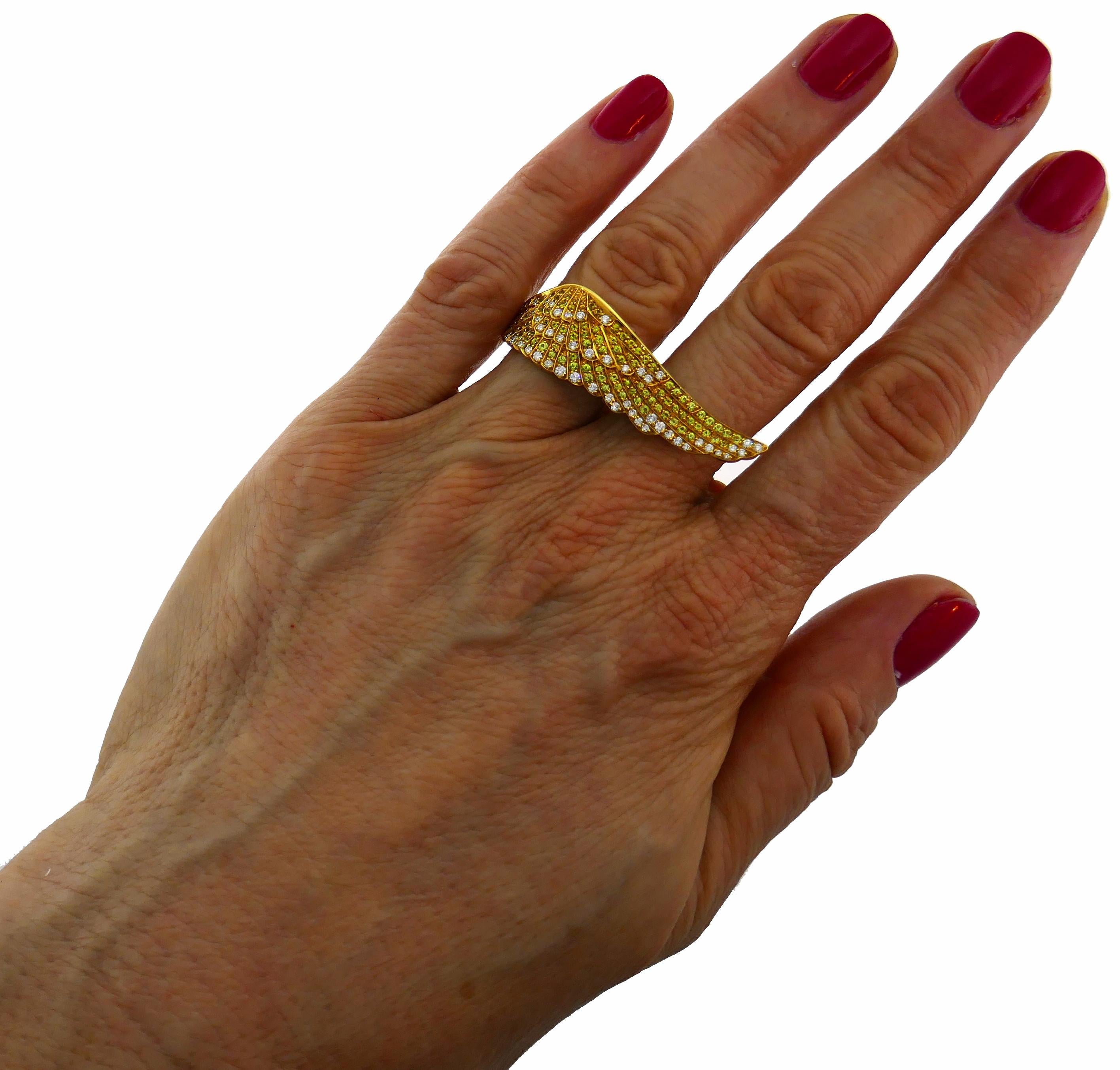 Women's or Men's Vintage Garrard Diamond Yellow Sapphire Gold Wing Ring For Sale