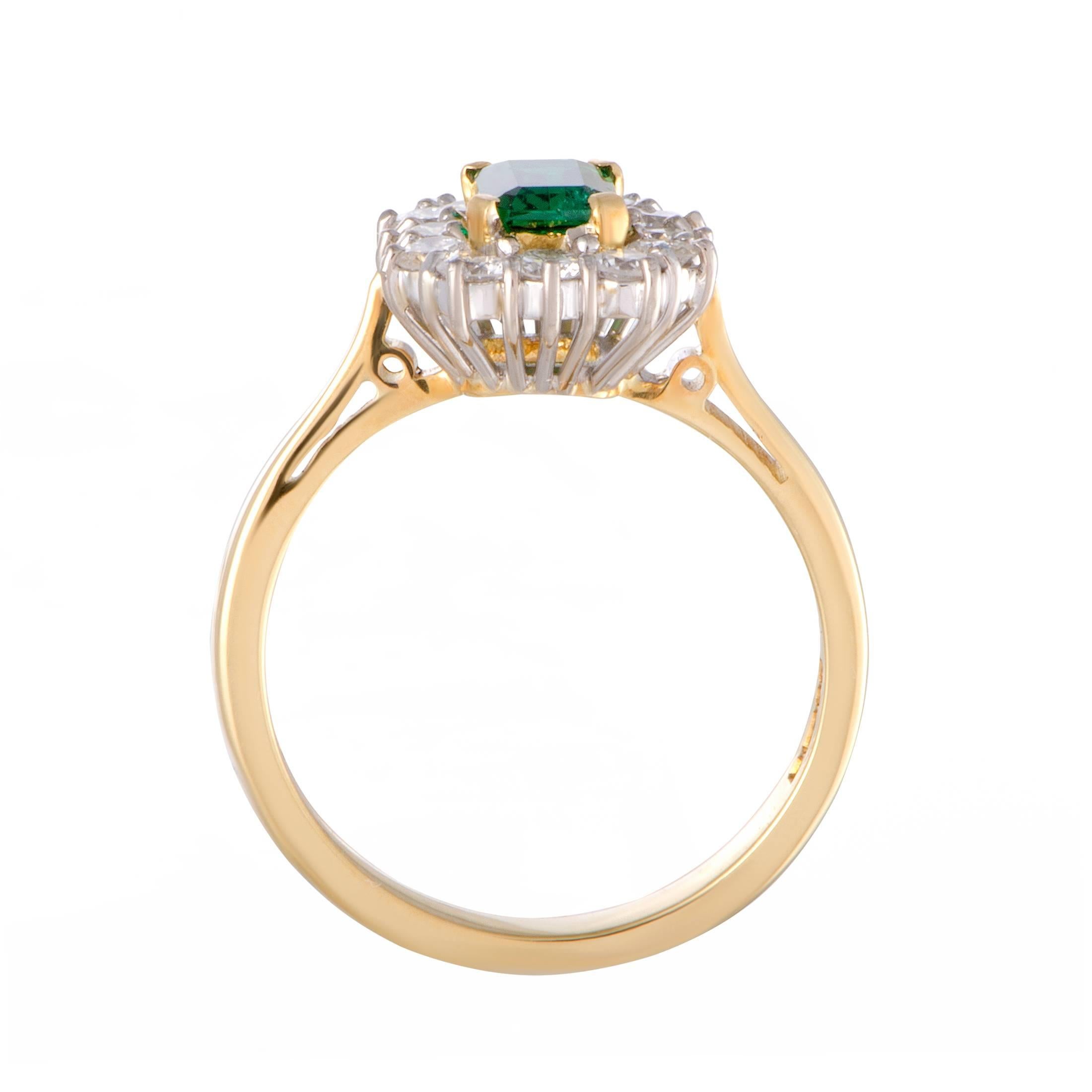 The very essence of elegance and excellence is embodied in this superb ring designed by Garrard that features an exceptionally refined design and dazzling décor. Crafted from 18K yellow and 18K white gold, the ring is set with an eye-catching