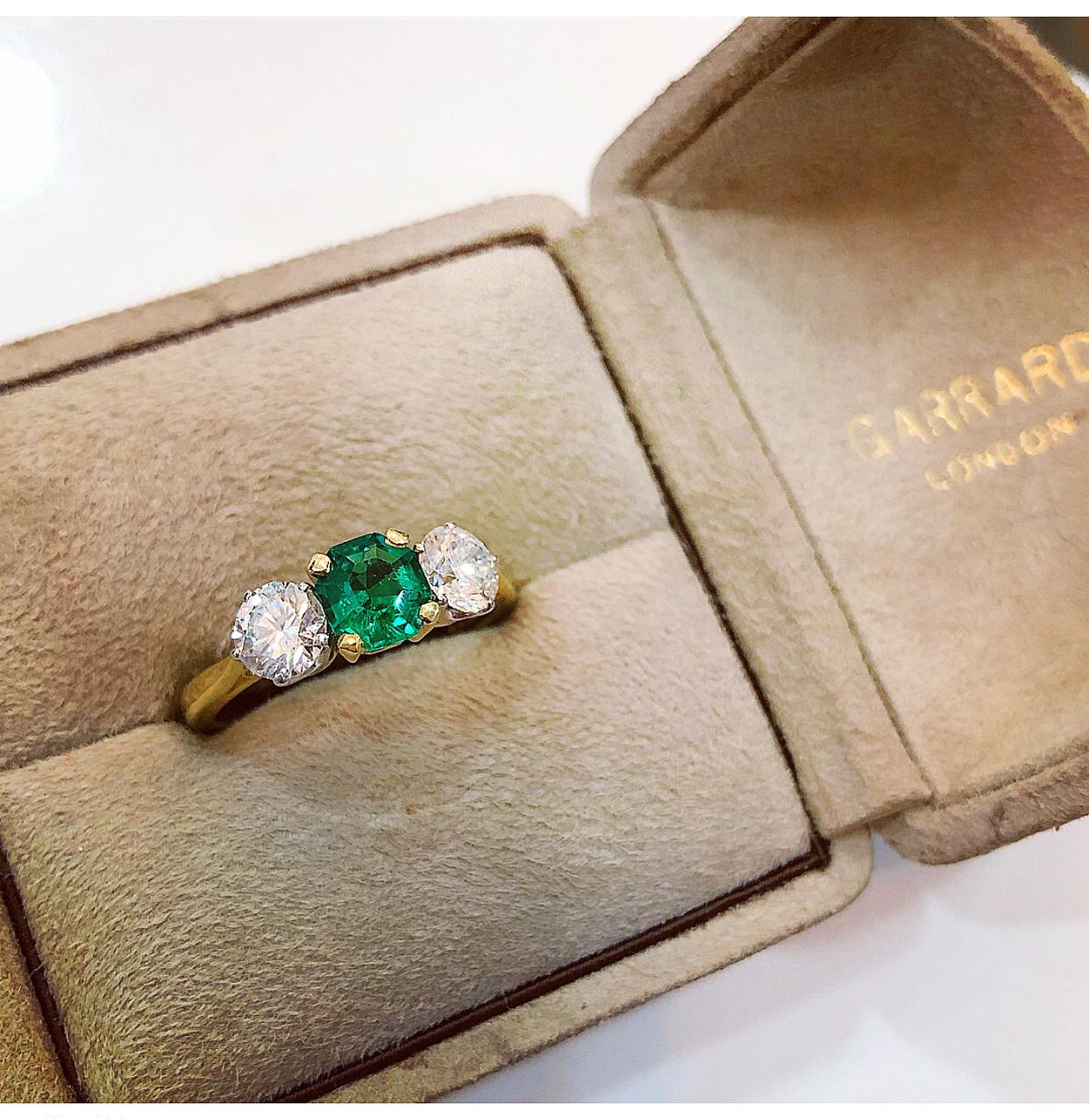 Garrard Emerald and Diamond Three-Stone Engagement Ring, circa 1980s 2