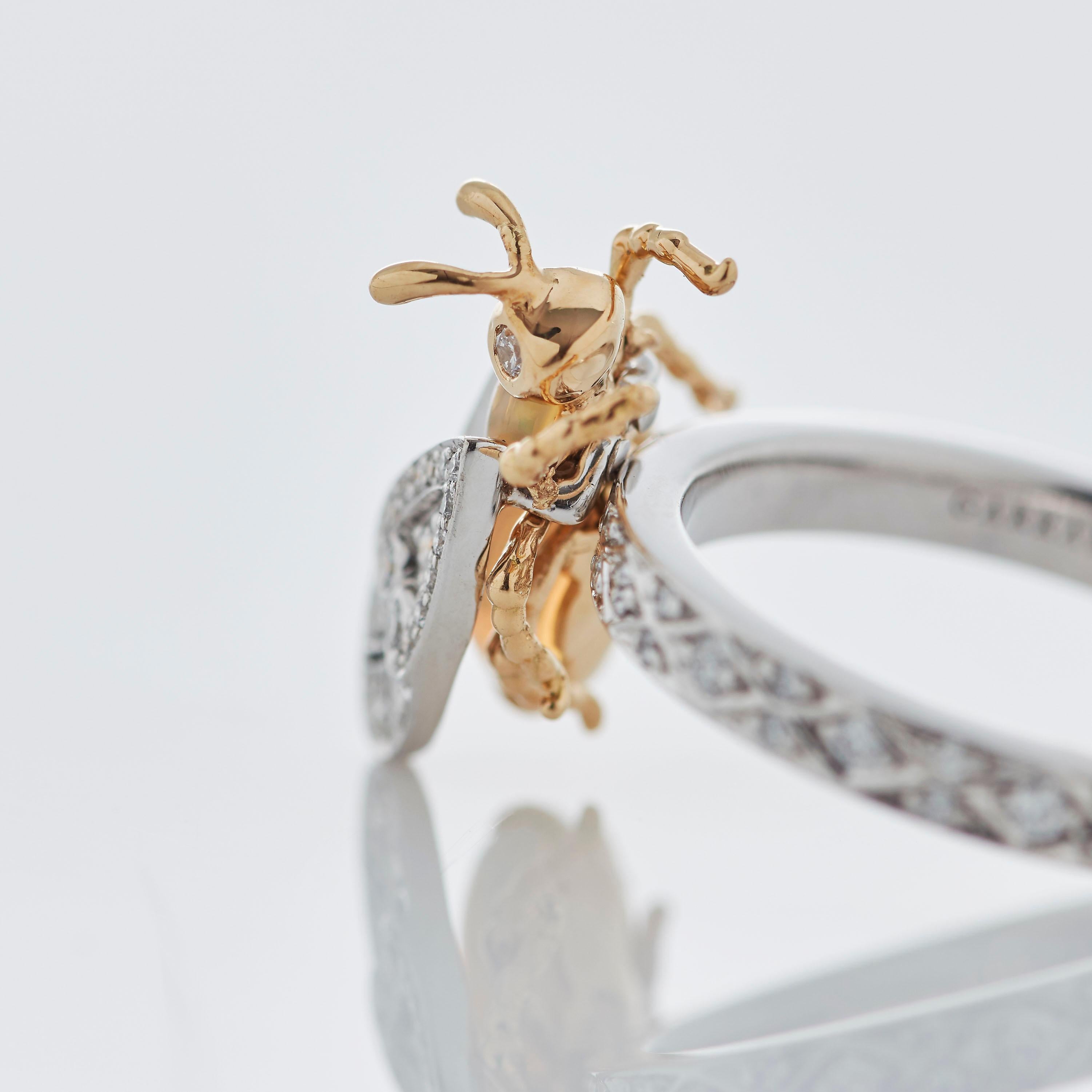 Round Cut Garrard 'Enchanted Palace' 18 Karat White Gold White Diamond Opal Bug Ring For Sale