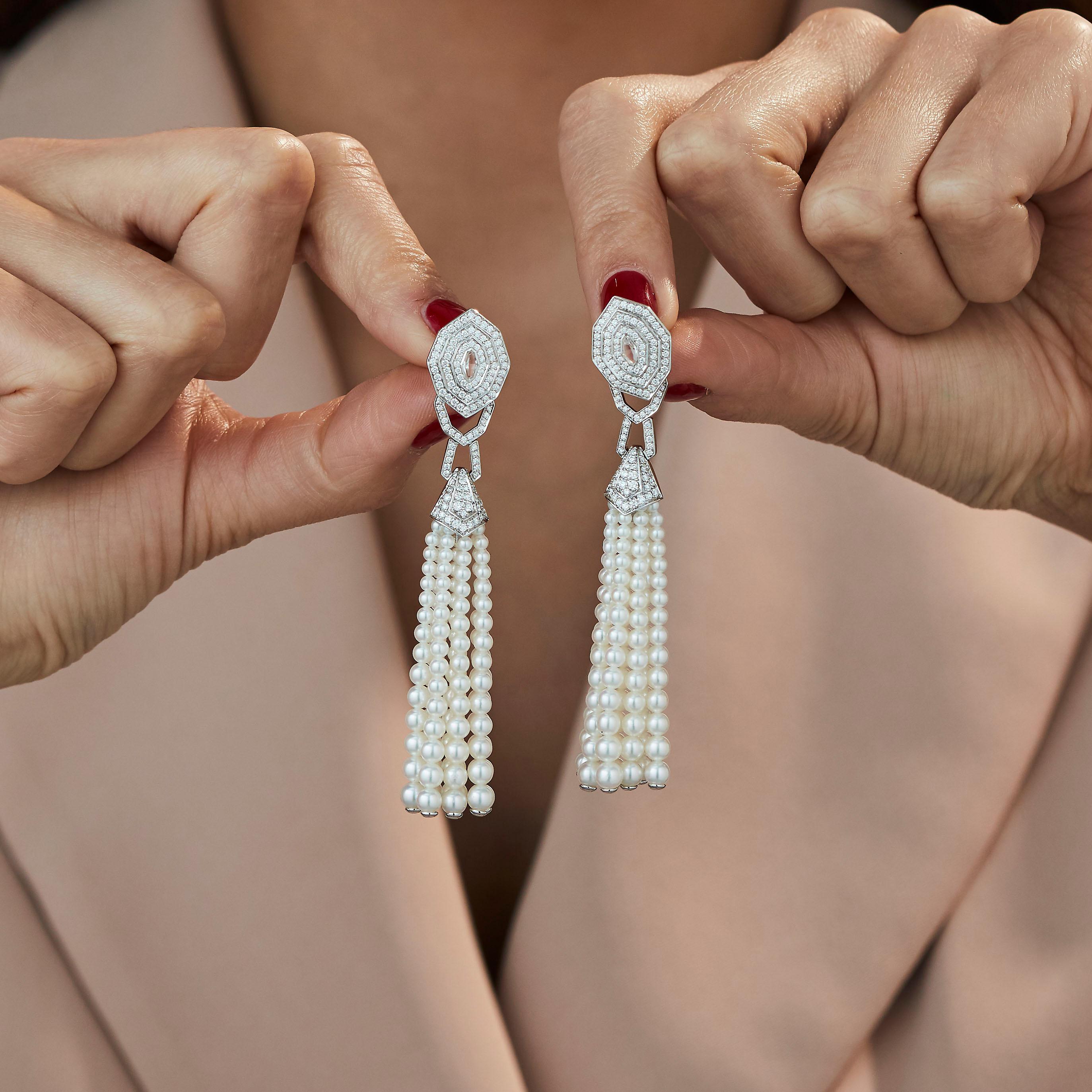 Modern Garrard 'Enchanted Palace' White Gold White Diamond White Pearl Tassel Earrings For Sale