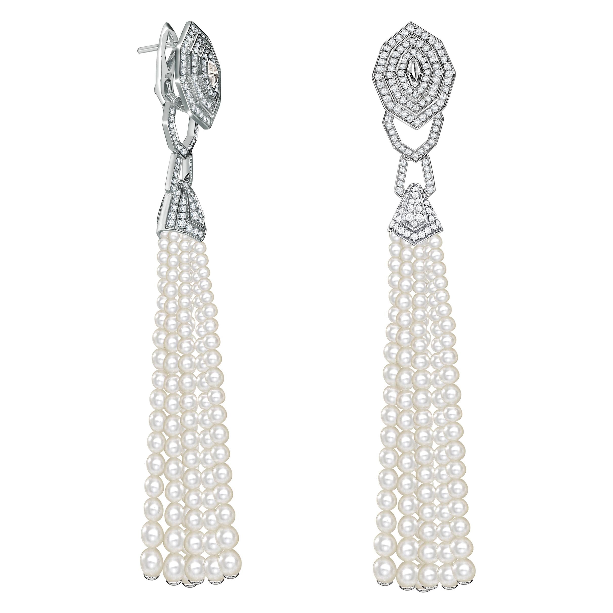 Garrard 'Enchanted Palace' White Gold White Diamond White Pearl Tassel Earrings For Sale