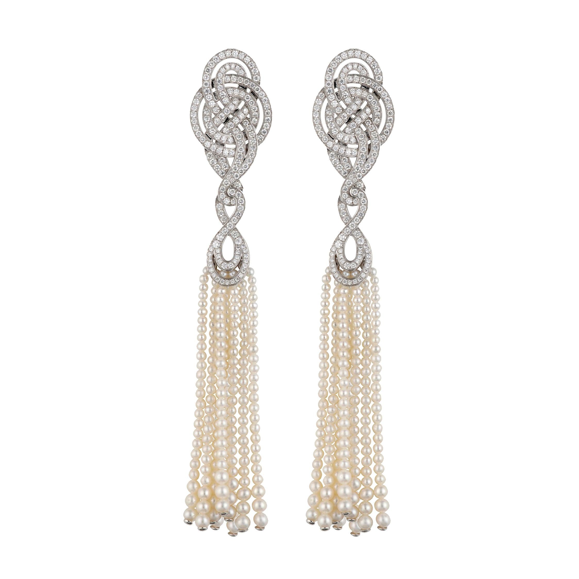 Garrard Entanglement White Gold and White Diamond Tassel Pearl Drop Earrings For Sale