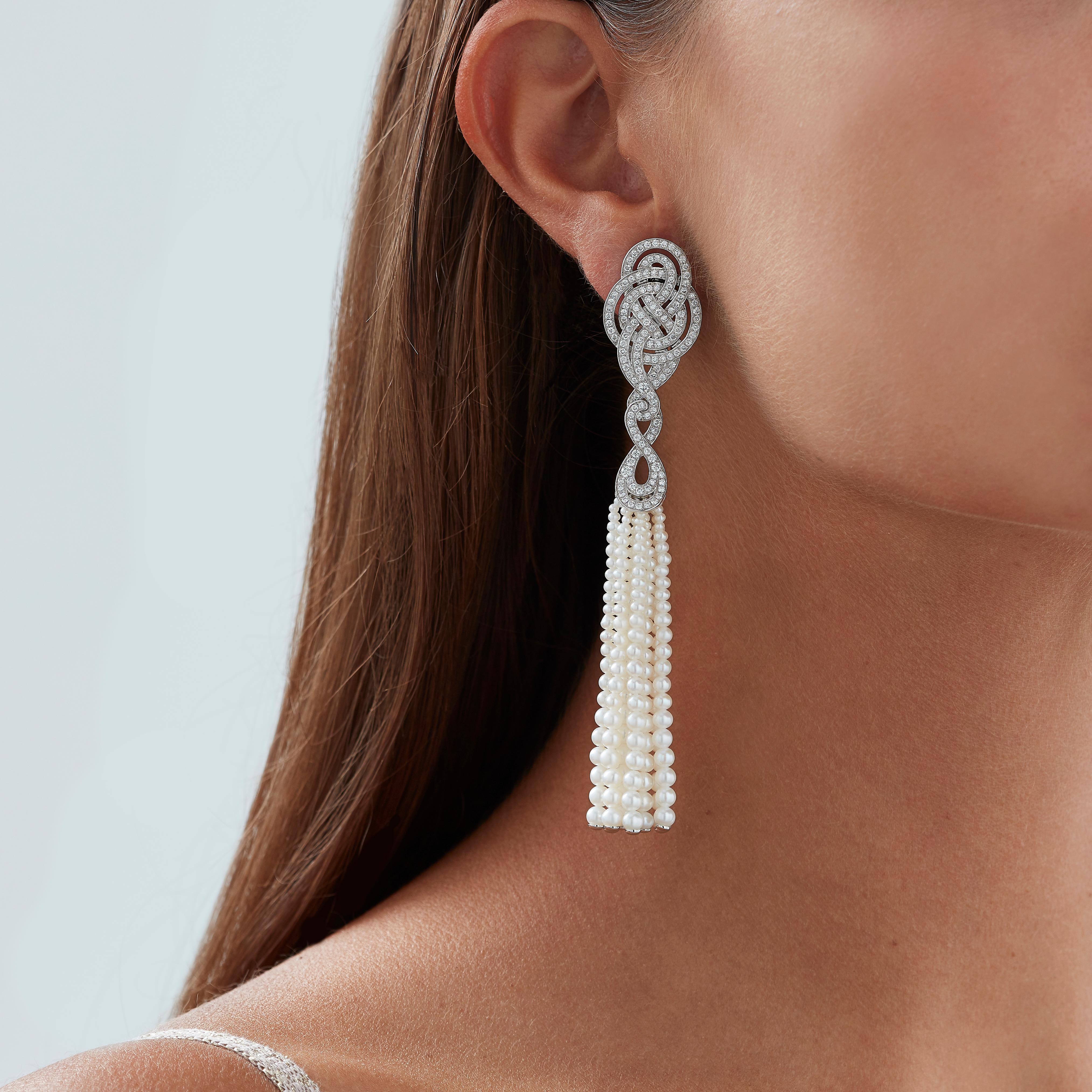 Modern Garrard Entanglement White Gold and White Diamond Tassel Pearl Drop Earrings For Sale