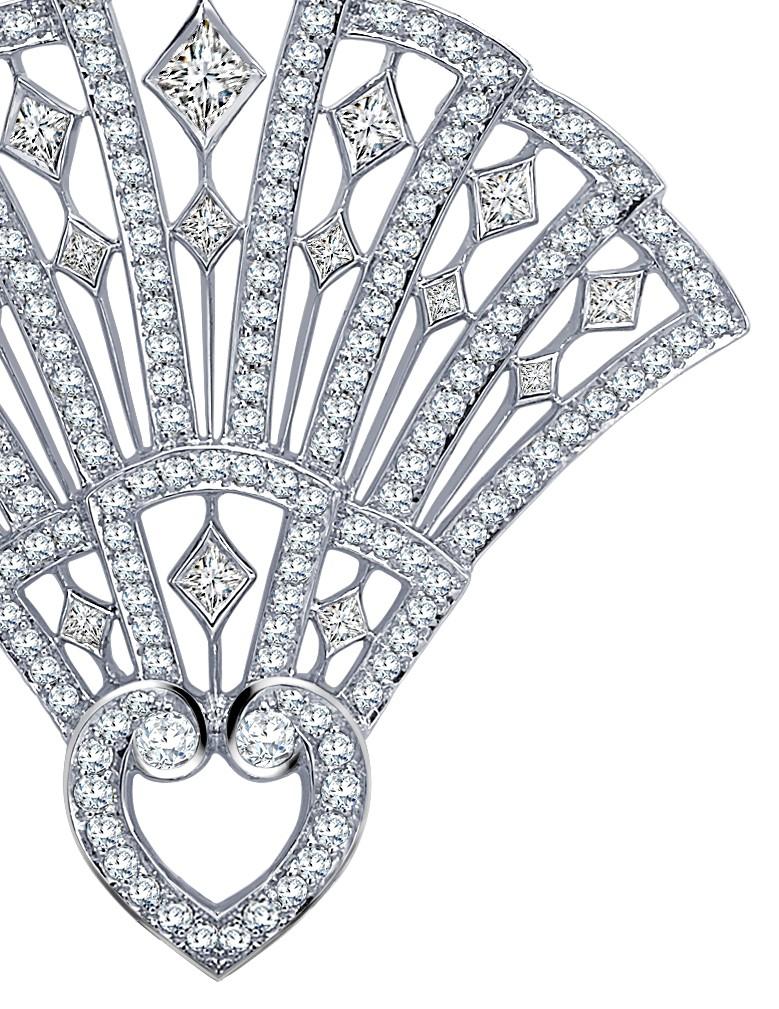 Round Cut Garrard Wedding 'Fanfare' 18 Karat White Gold Brooch, Round & Square Diamond 