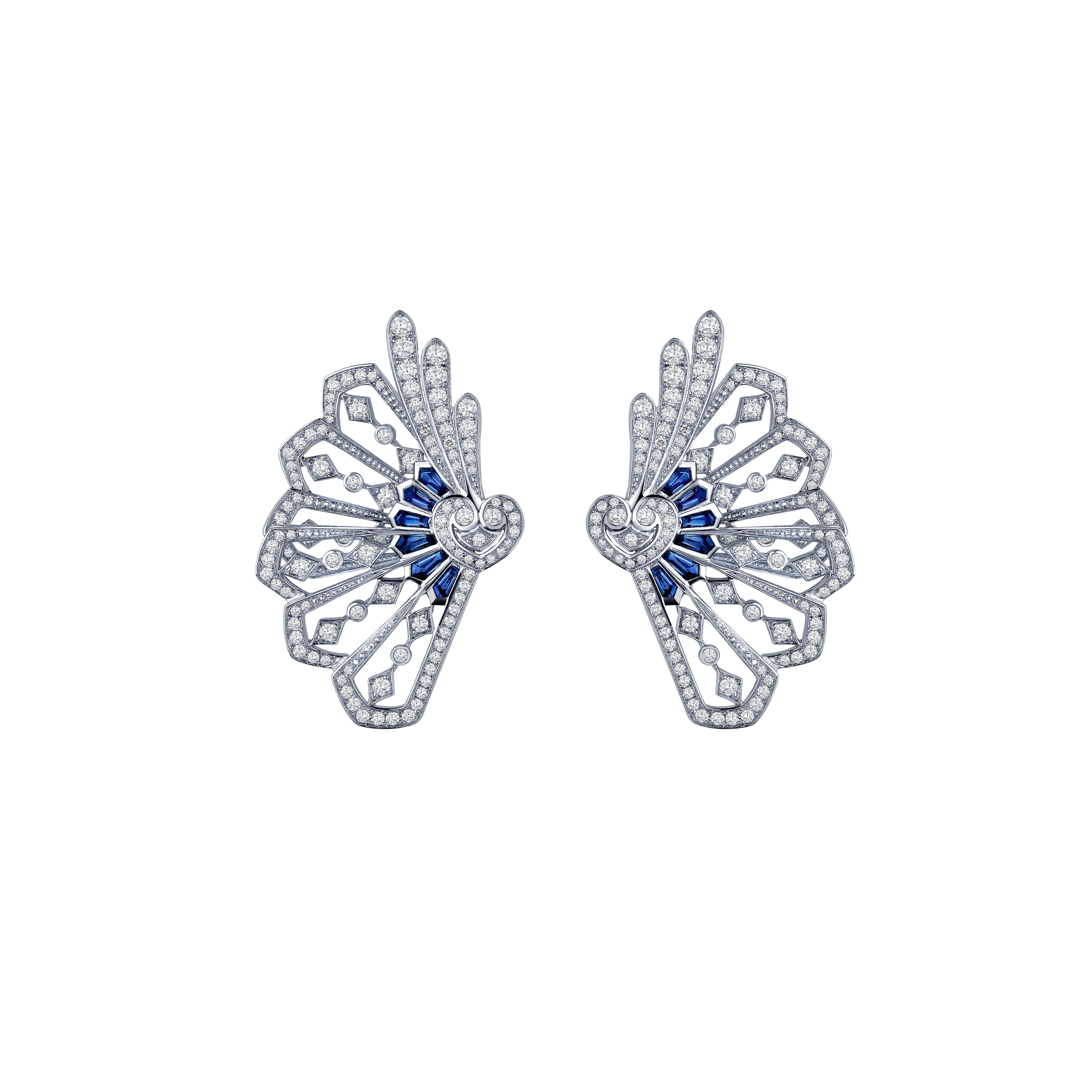 Garrard 'Fanfare' White Diamond and Calibre Cut Blue Sapphire Earring Climbers