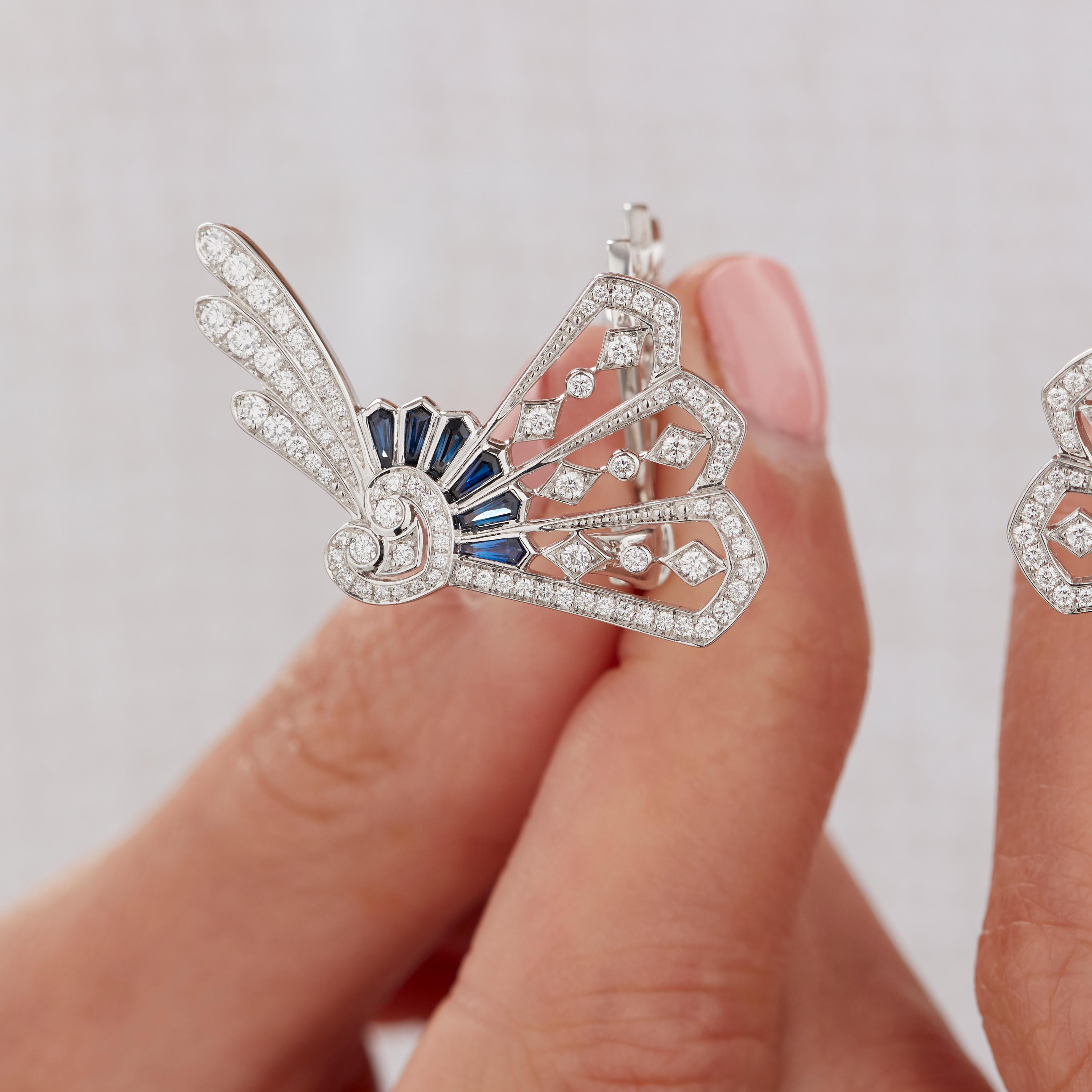 Round Cut Garrard 'Fanfare' White Diamond and Calibre Cut Blue Sapphire Earring Climbers