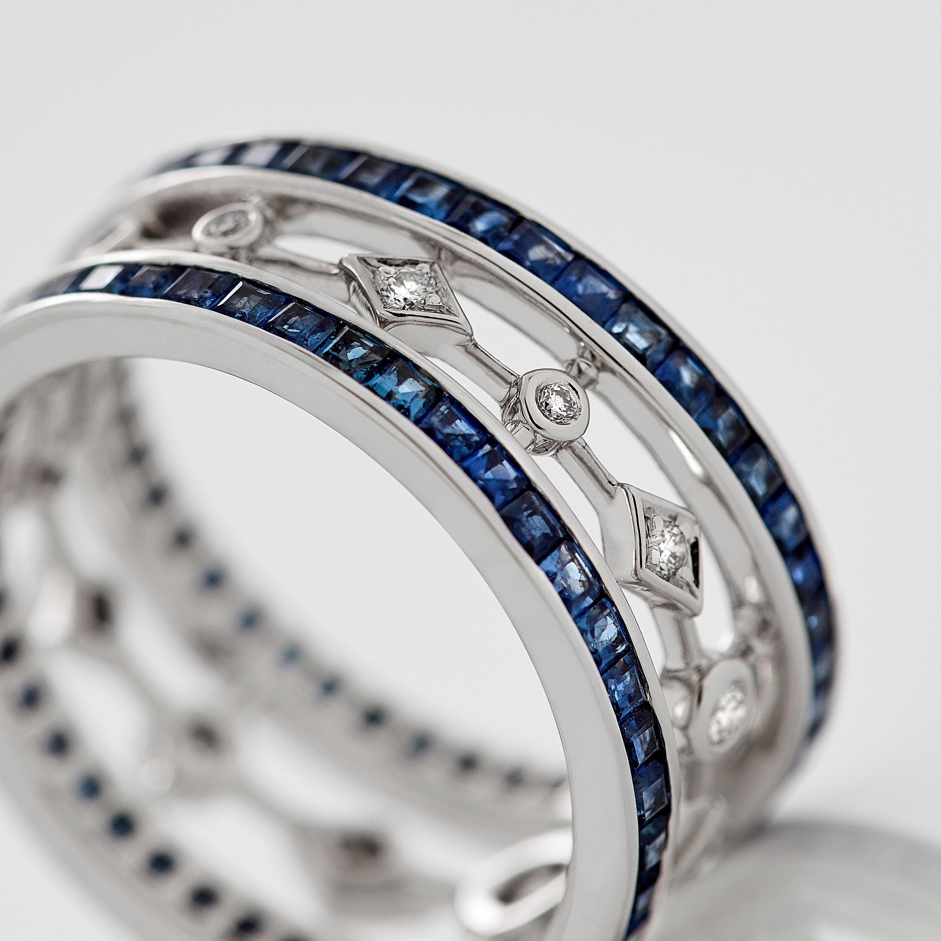 Garrard 'Fanfare' 18 Karat White Gold White Diamond Blue Sapphire Ring In New Condition For Sale In London, London