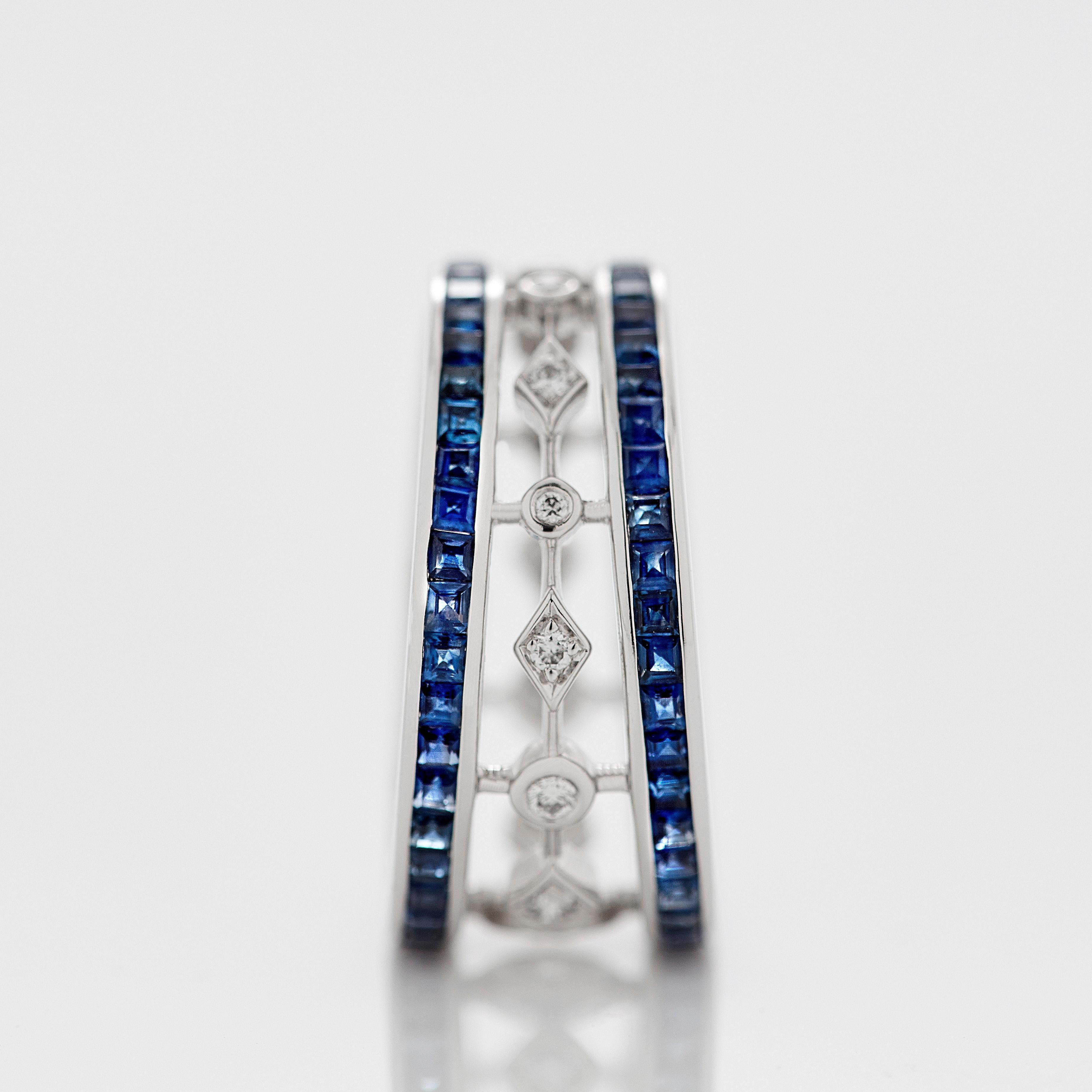 Women's or Men's Garrard 'Fanfare' 18 Karat White Gold White Diamond Blue Sapphire Ring For Sale