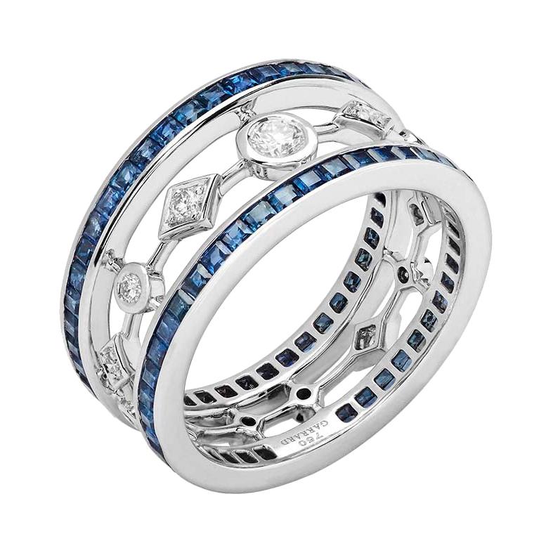 Garrard 'Fanfare' 18 Karat White Gold White Diamond Blue Sapphire Ring For Sale