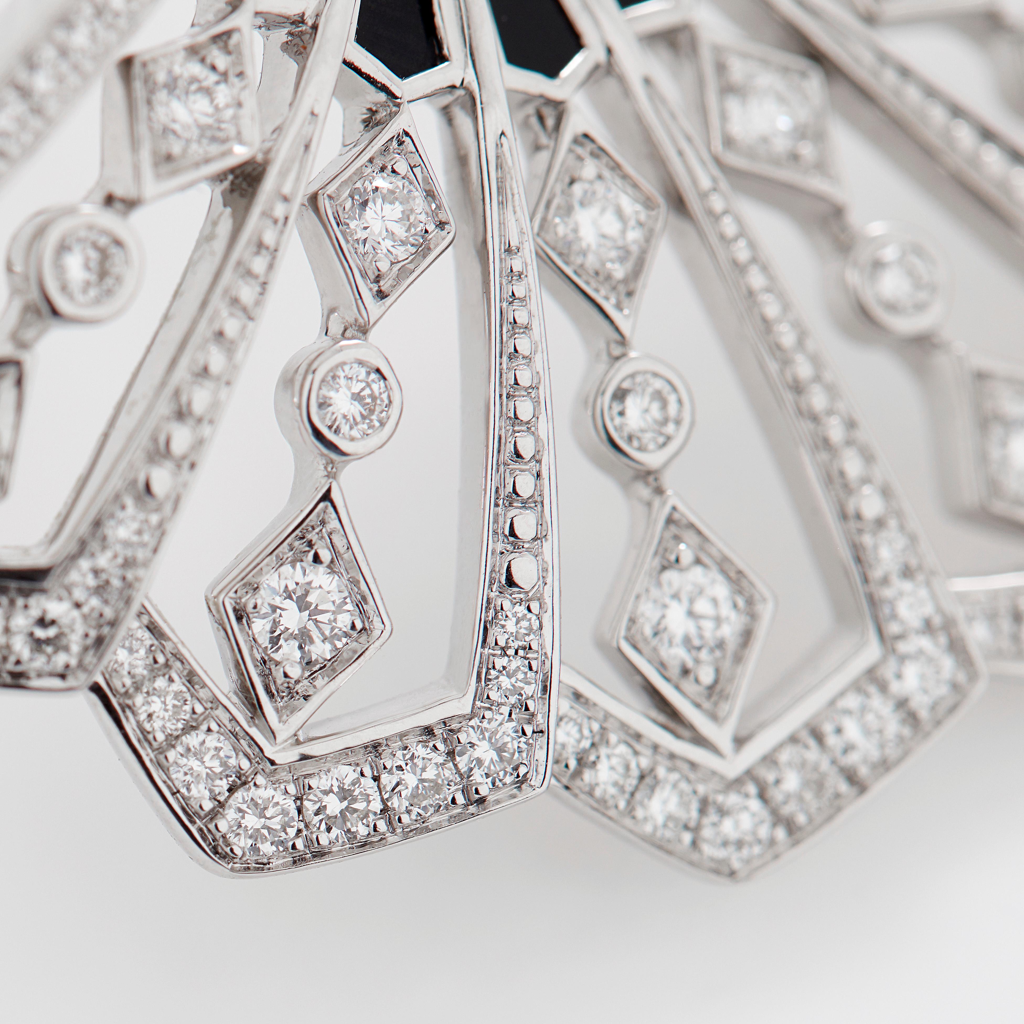 Women's or Men's Garrard 'Fanfare' 18 Karat White Gold White Diamond Onyx Ring For Sale
