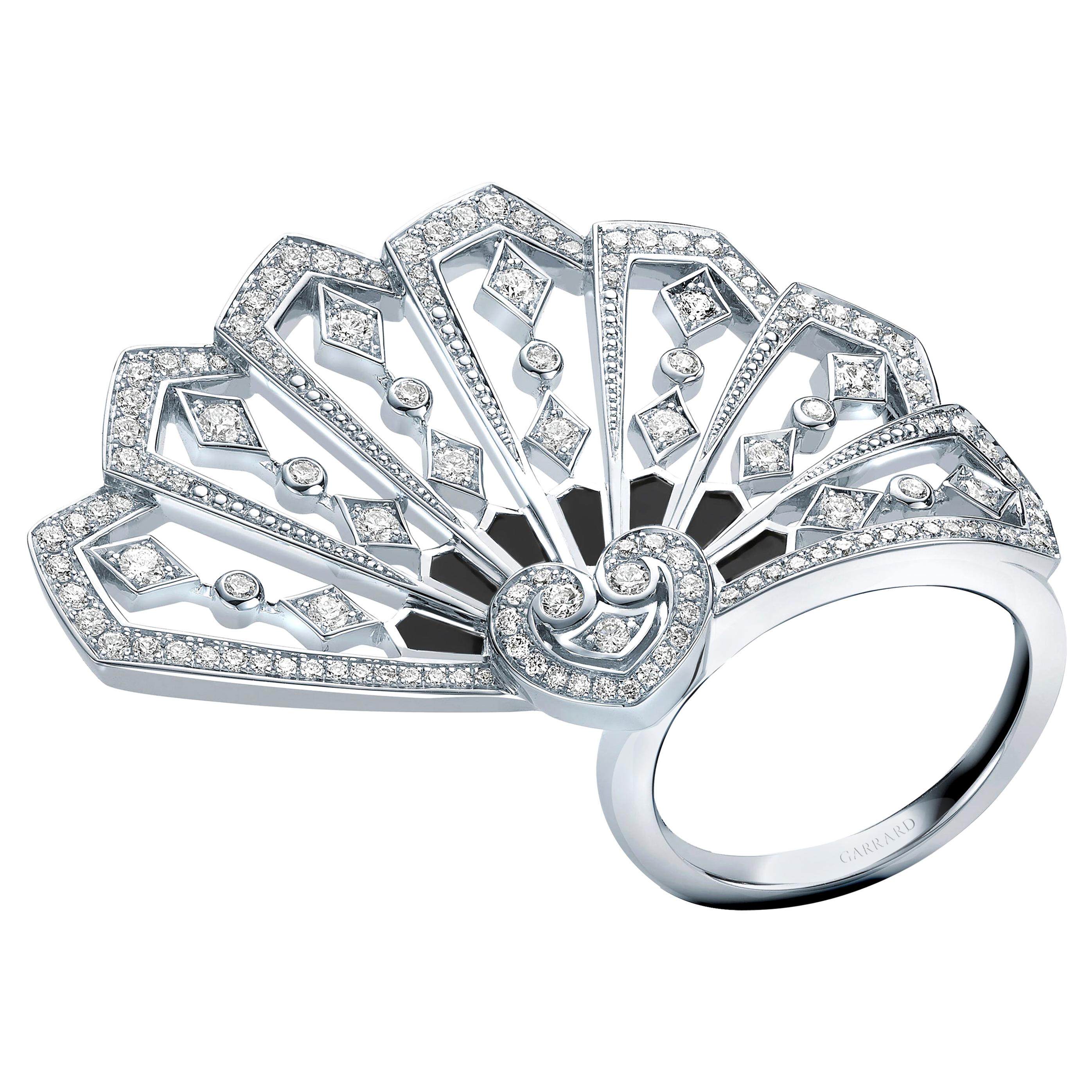 Garrard 'Fanfare' 18 Karat White Gold White Diamond Onyx Ring For Sale