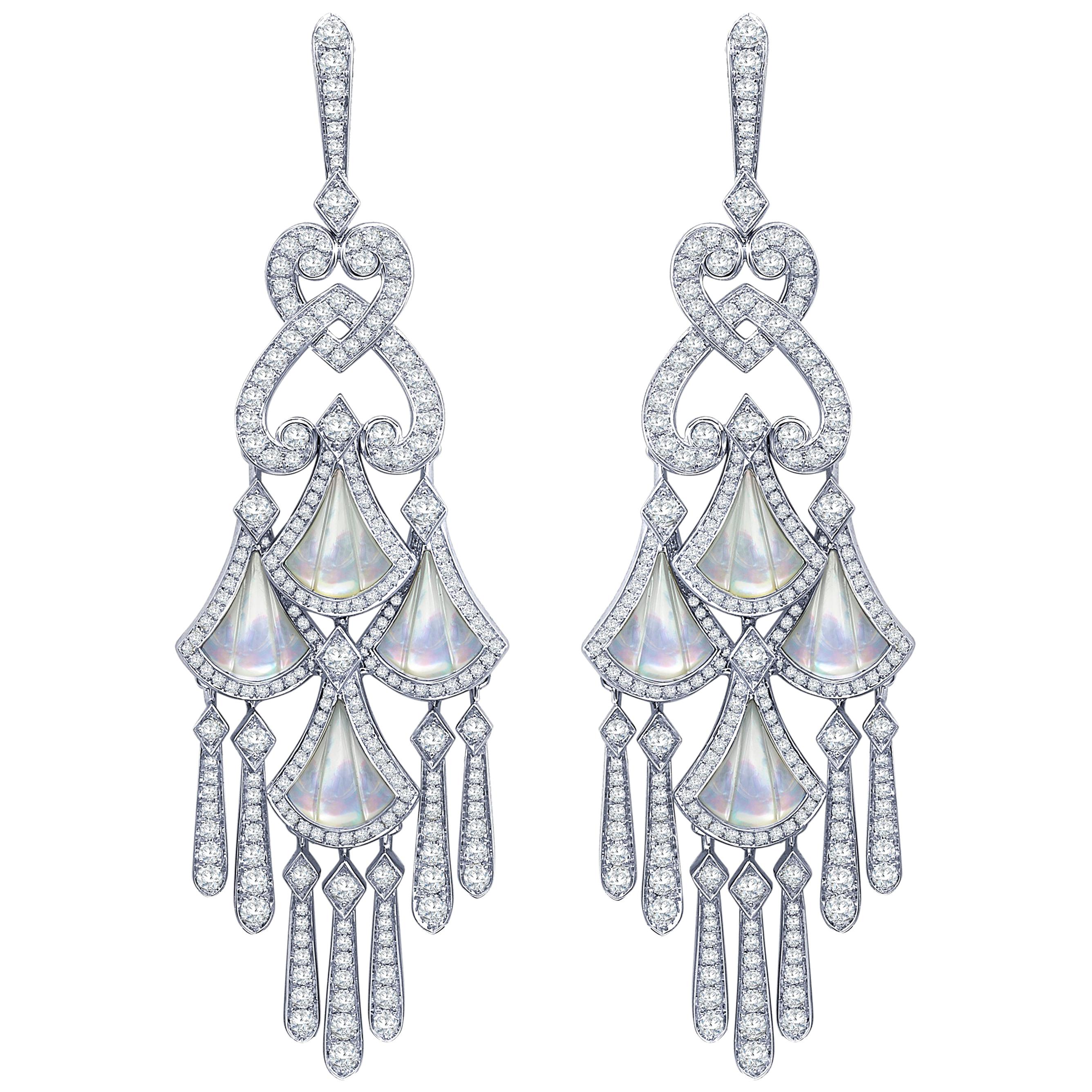 Garrard 'Fanfare' 18 Karat White Gold White Diamond Earrings Mother of Pearl  For Sale