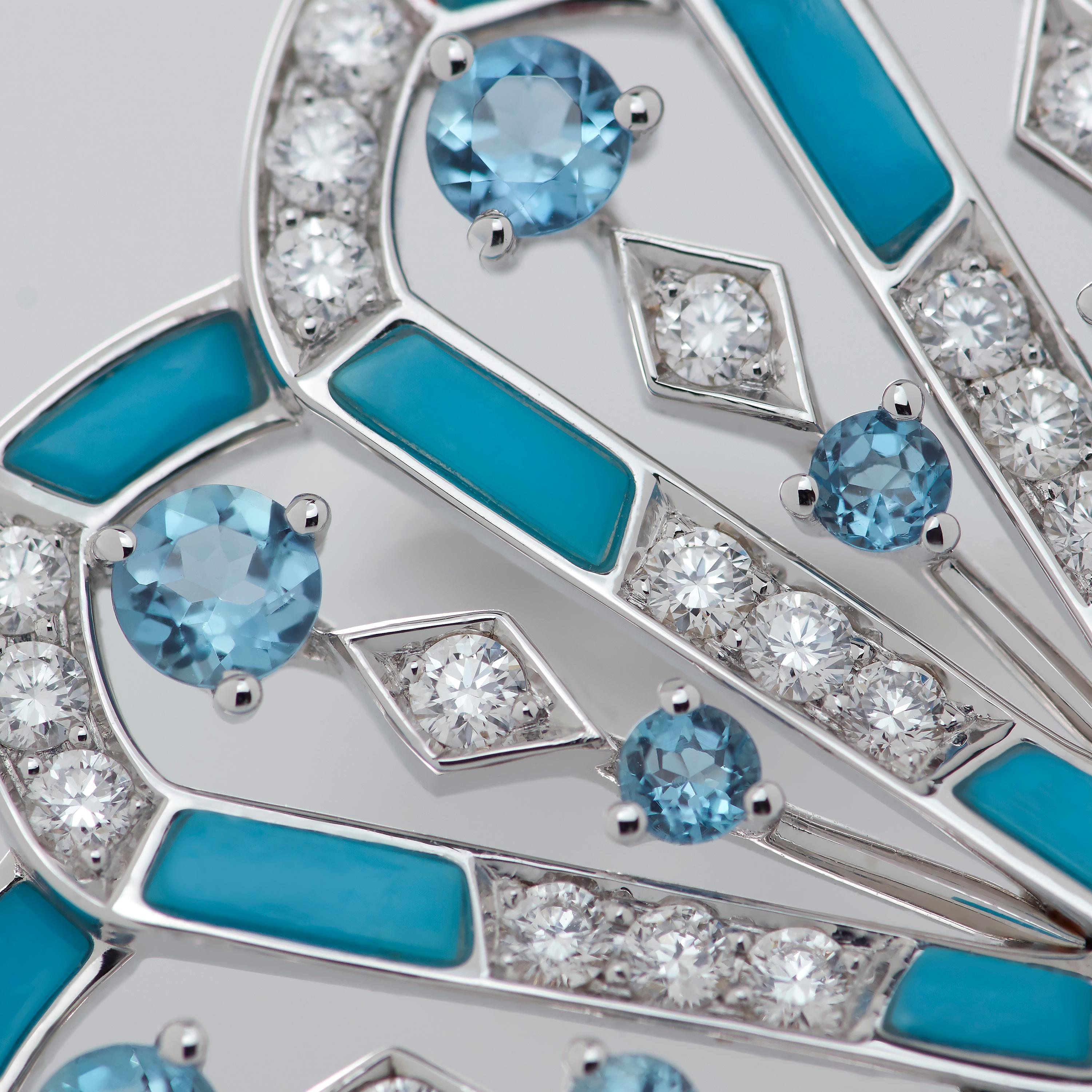 Round Cut Garrard 'Fanfare Symphony' White Gold Diamond Aquamarine and Turquoise Earrings For Sale