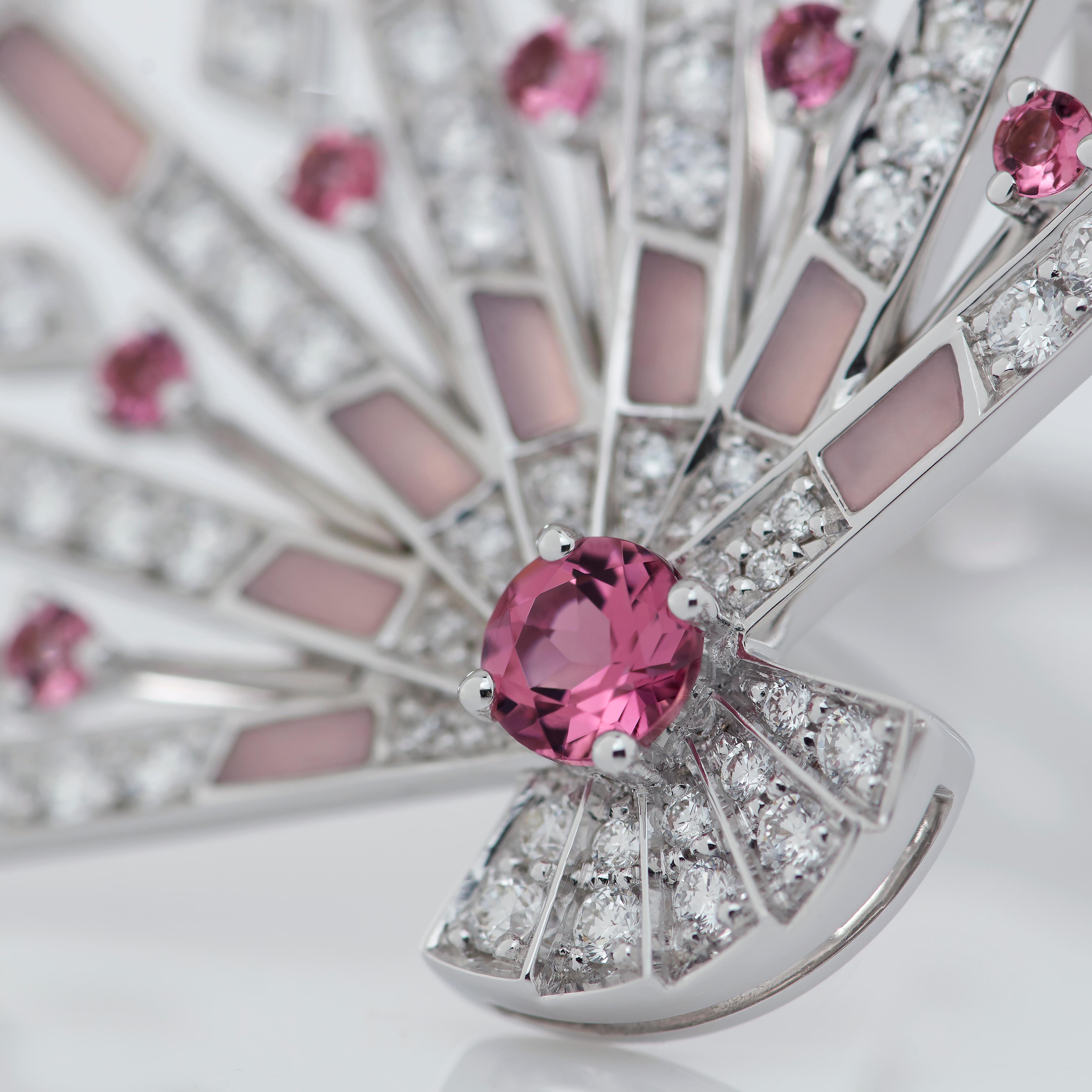 Modern Garrard 'Fanfare Symphony' White Gold Diamond Pink Tourmaline Pink Opal Earrings For Sale