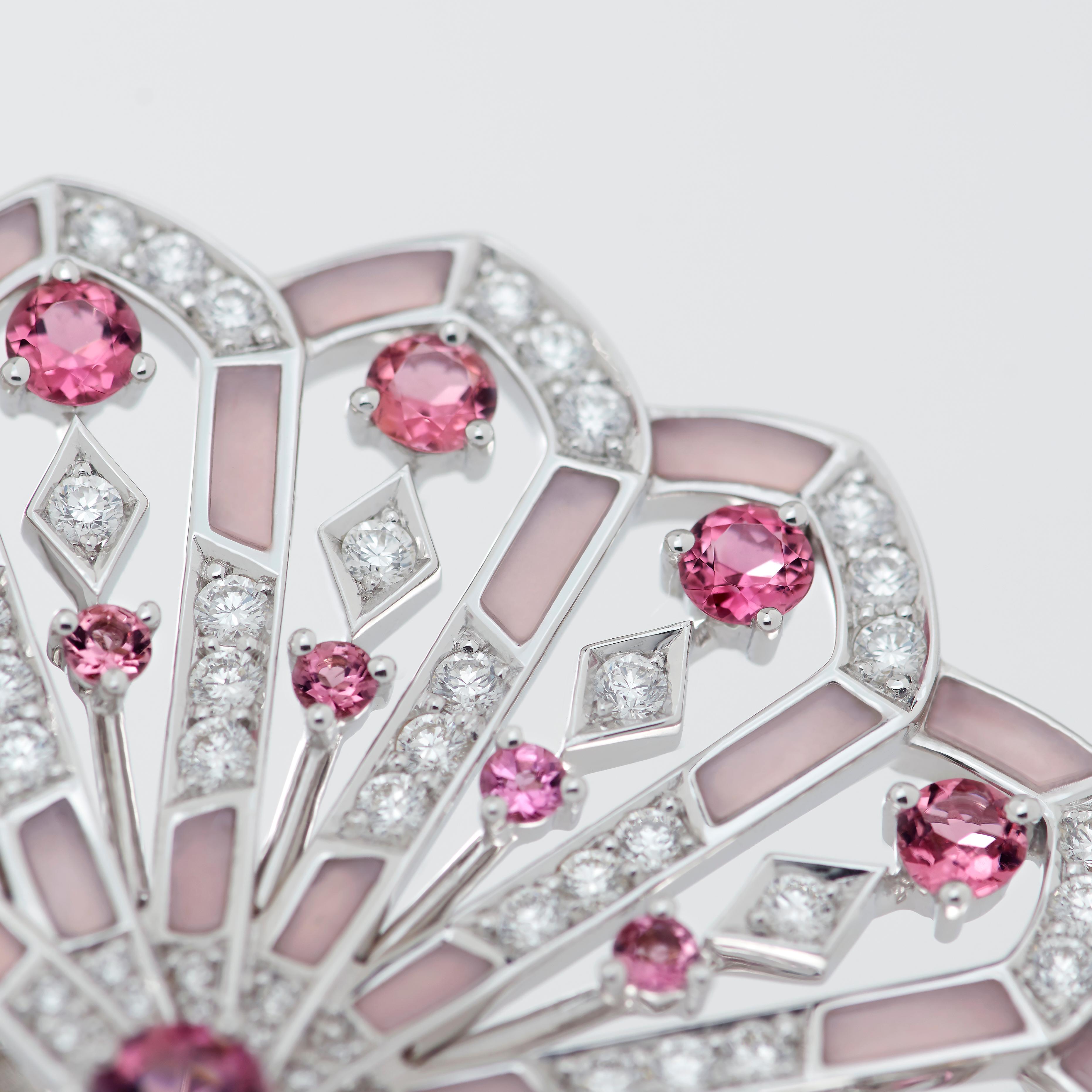 Round Cut Garrard 'Fanfare Symphony' White Gold Diamond Pink Tourmaline Pink Opal Earrings For Sale