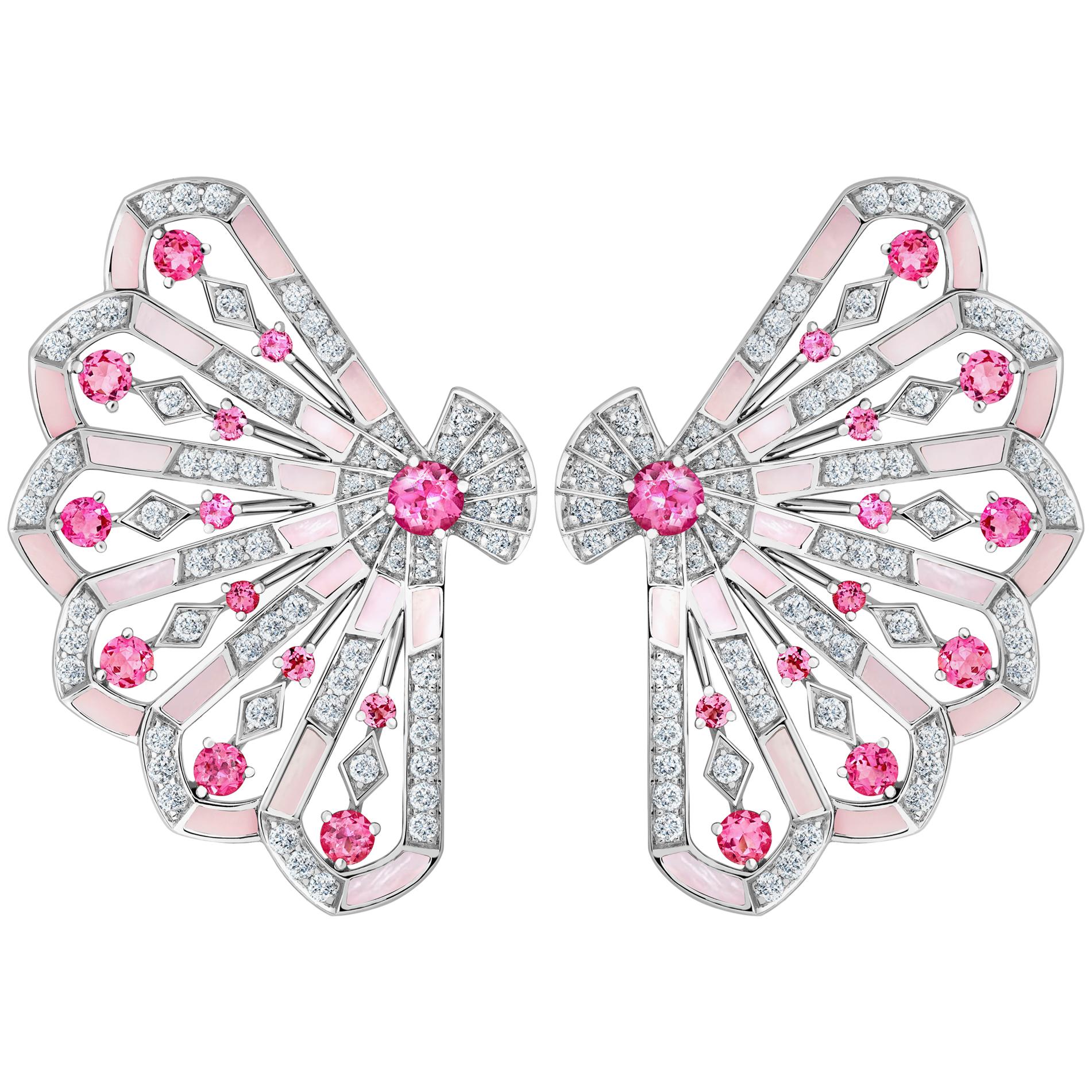 Garrard 'Fanfare Symphony' White Gold Diamond Pink Tourmaline Pink Opal Earrings For Sale
