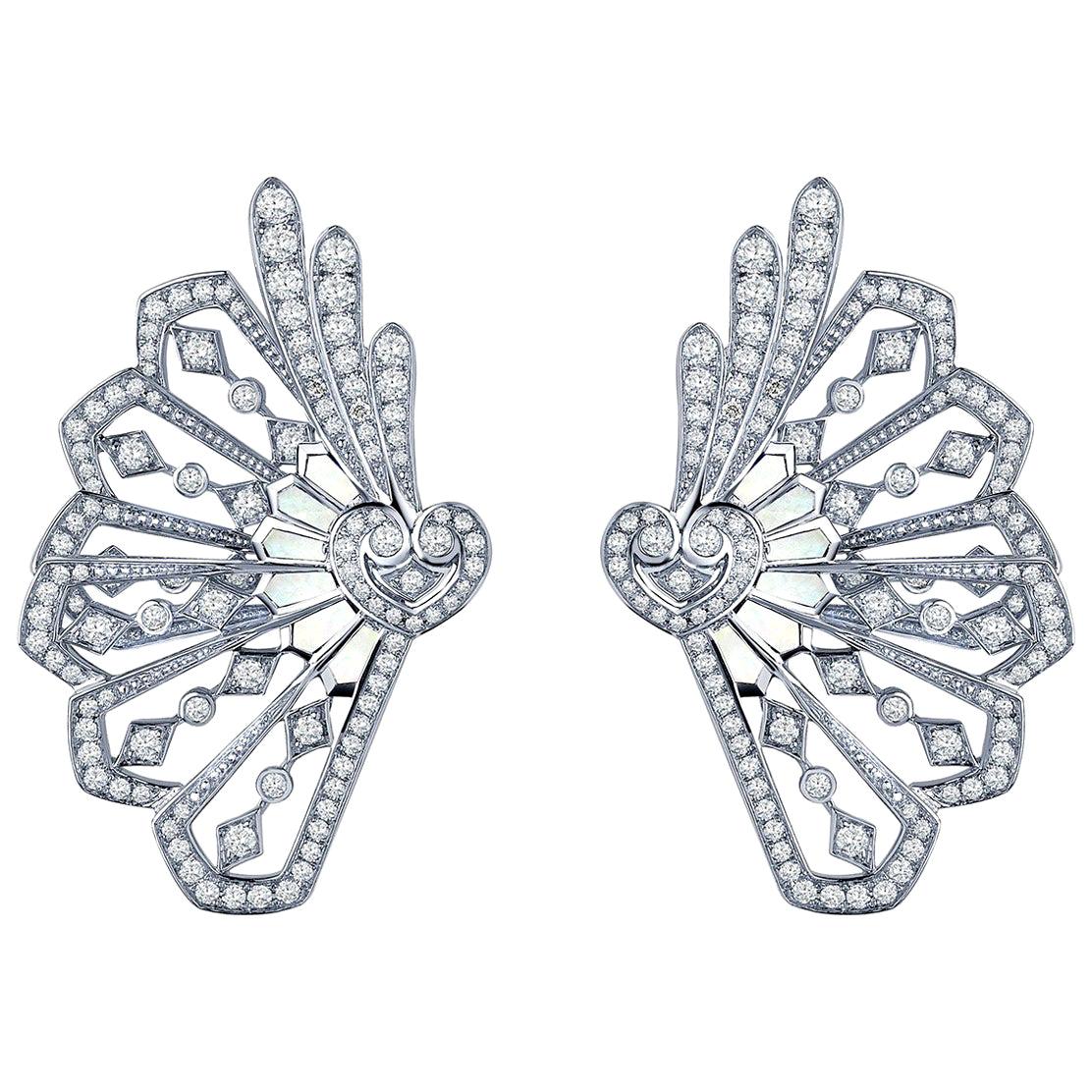 Garrard 'Fanfare' White Gold Climber Earrings Diamond and Mother of Pearl For Sale
