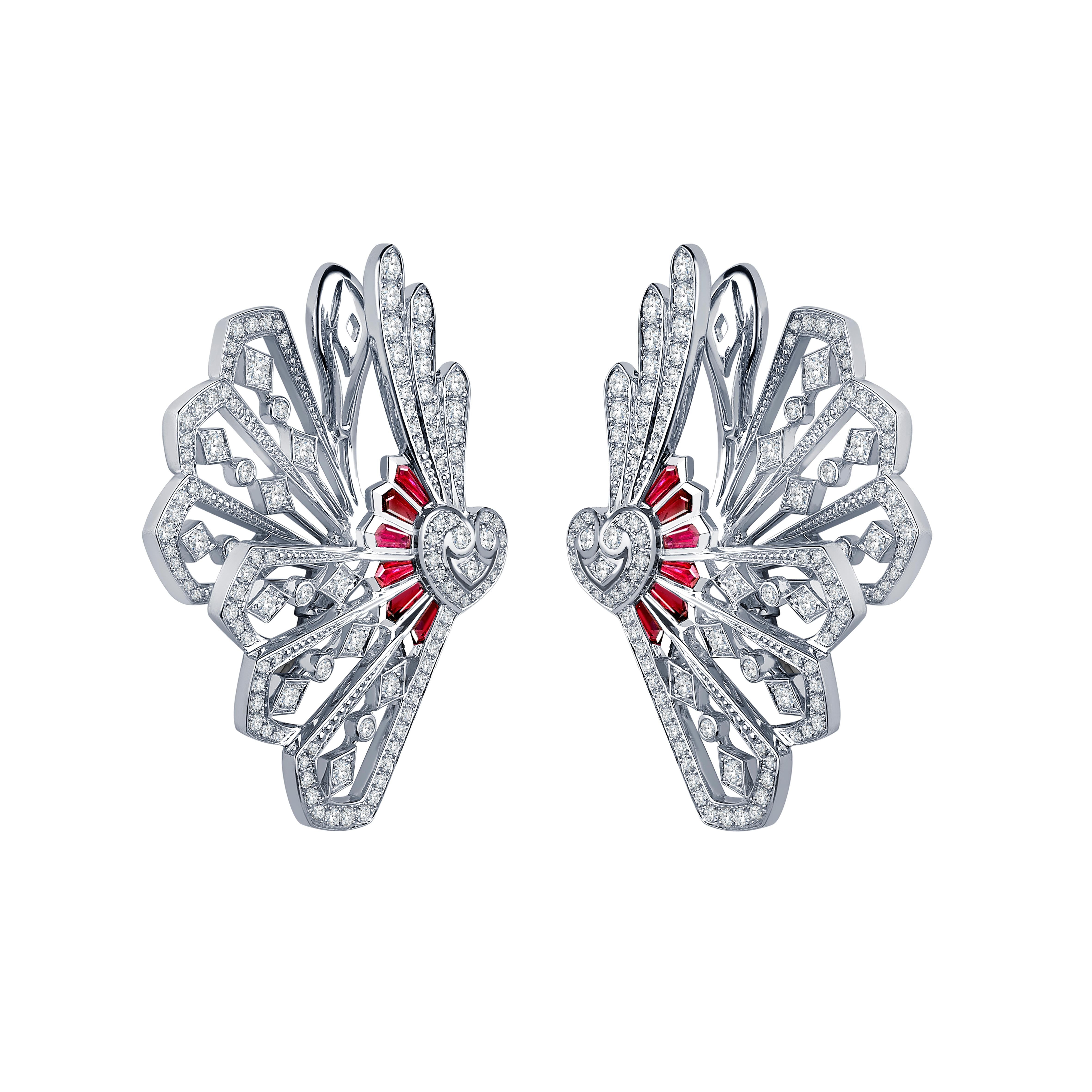 A pair of 18 karat white gold climber earrings from the House of Garrard Fanfare collection set with 236 round white diamonds weighing 1.80 carats and 12 calibre cut rubies weighing 0.78 carats. 
236 round white diamonds weighing 1.80 carats
12