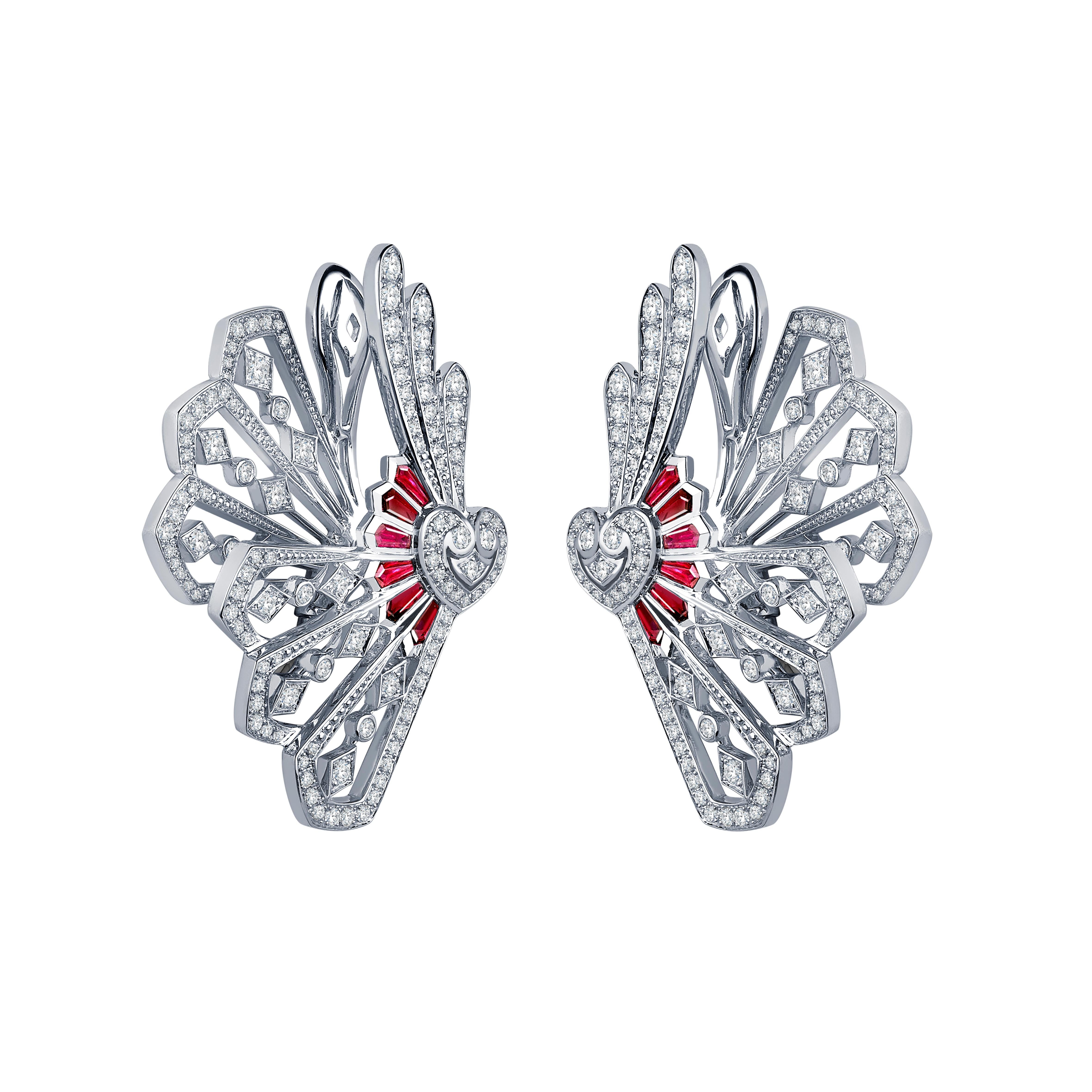 A pair of 18 karat white gold climber earrings from the House of Garrard Fanfare collection set with 236 round white diamonds weighing 1.80 carats and 12 calibre cut rubies weighing 0.78 carats. 

236 round white diamonds weighing 1.80 carats
12