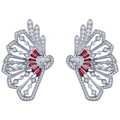 Garrard Fanfare White Gold Climber Earrings White Diamond and Calibre Cut Rubies