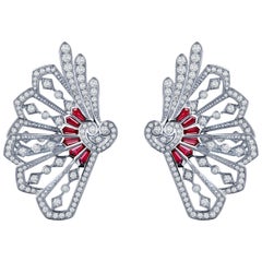 Garrard Fanfare White Gold Climber Earrings White Diamond and Calibre Cut Rubies