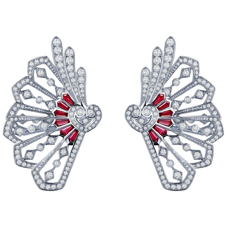 Garrard Fanfare White Gold Climber Earrings White Diamond and Calibre Cut Rubies 1