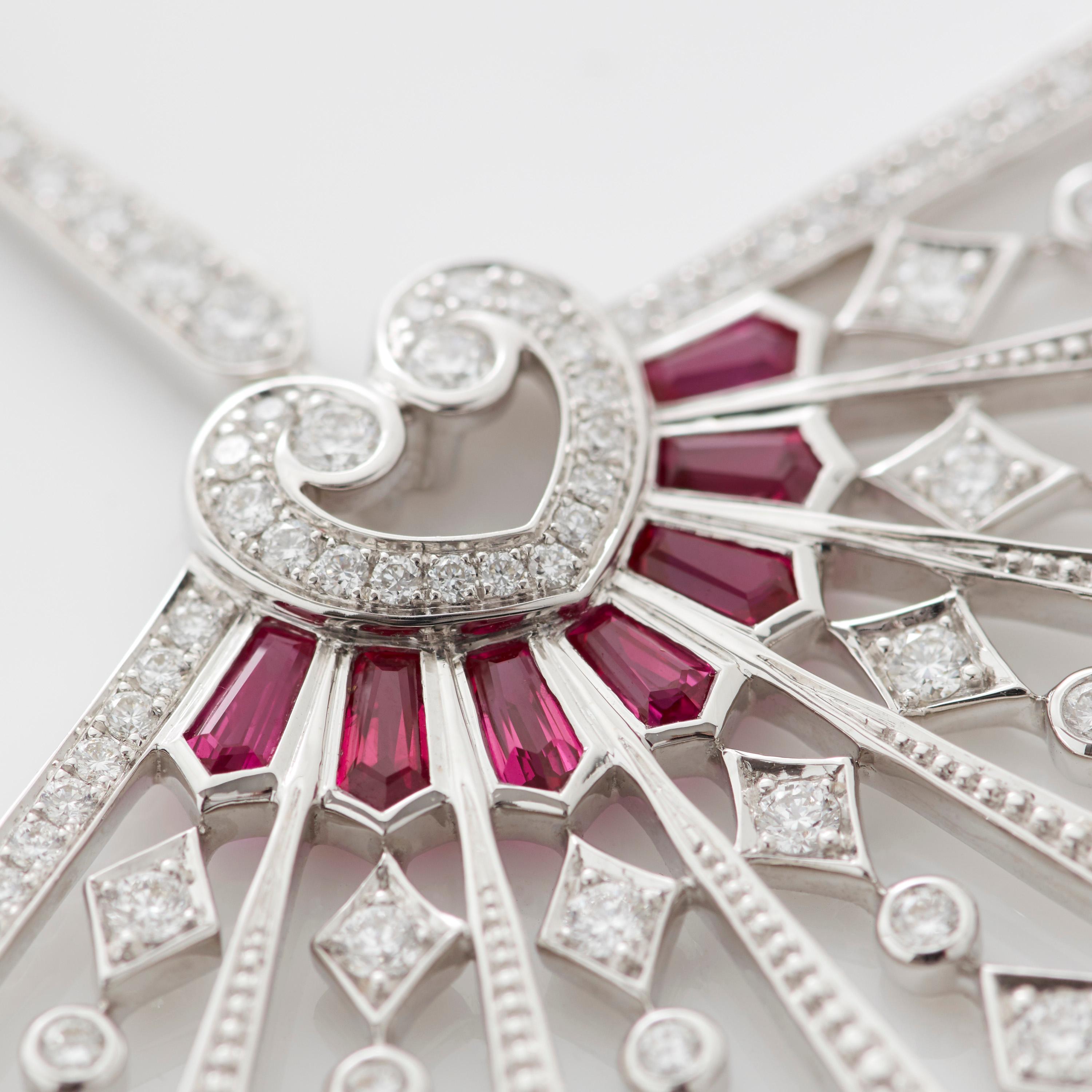 Women's or Men's Garrard 'Fanfare' White Gold Pendant with White Diamond and Calibre Cut Rubies For Sale