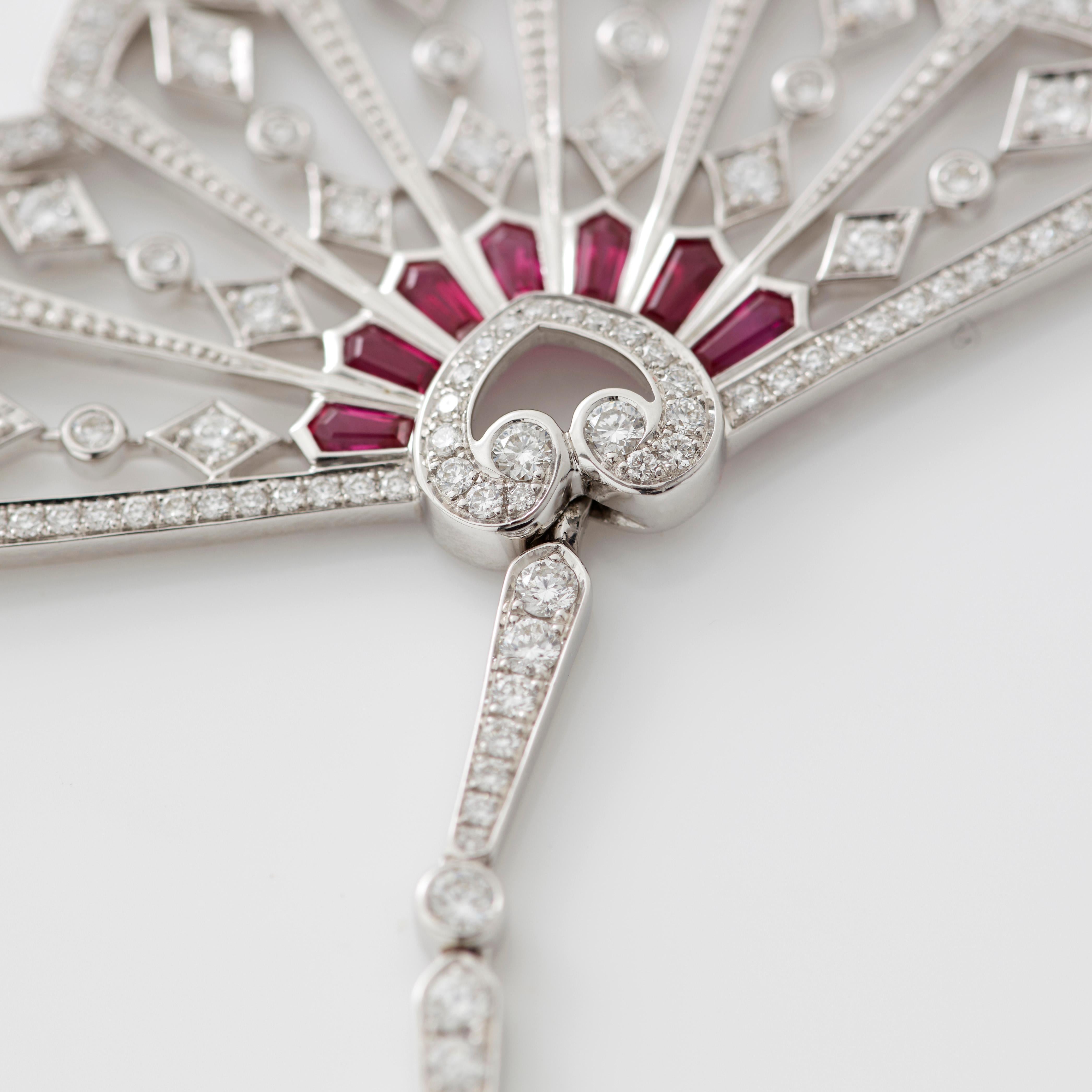 Garrard 'Fanfare' White Gold Pendant with White Diamond and Calibre Cut Rubies For Sale 1
