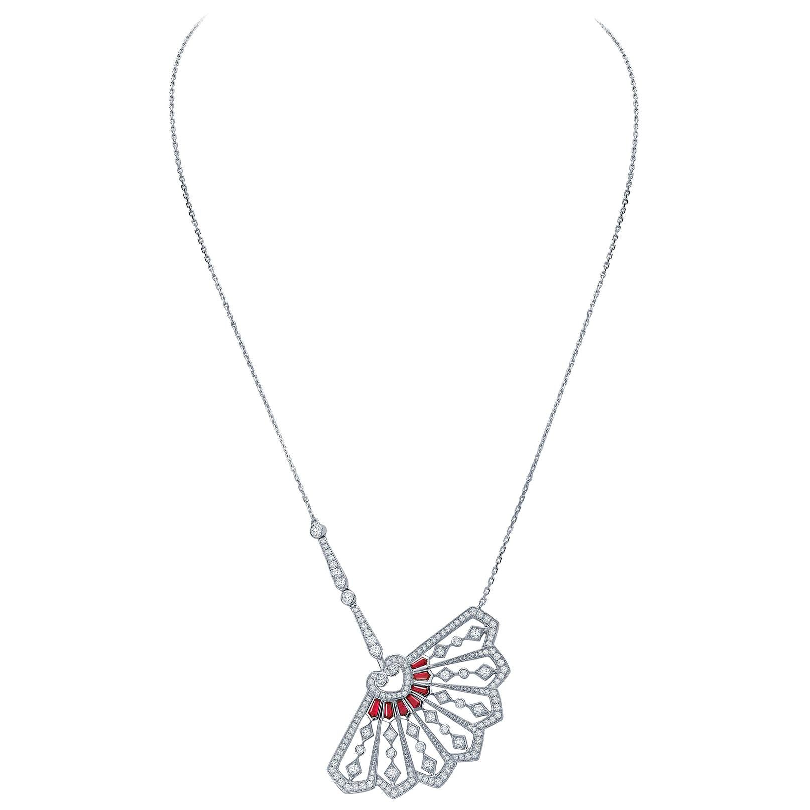 Garrard 'Fanfare' White Gold Pendant with White Diamond and Calibre Cut Rubies For Sale