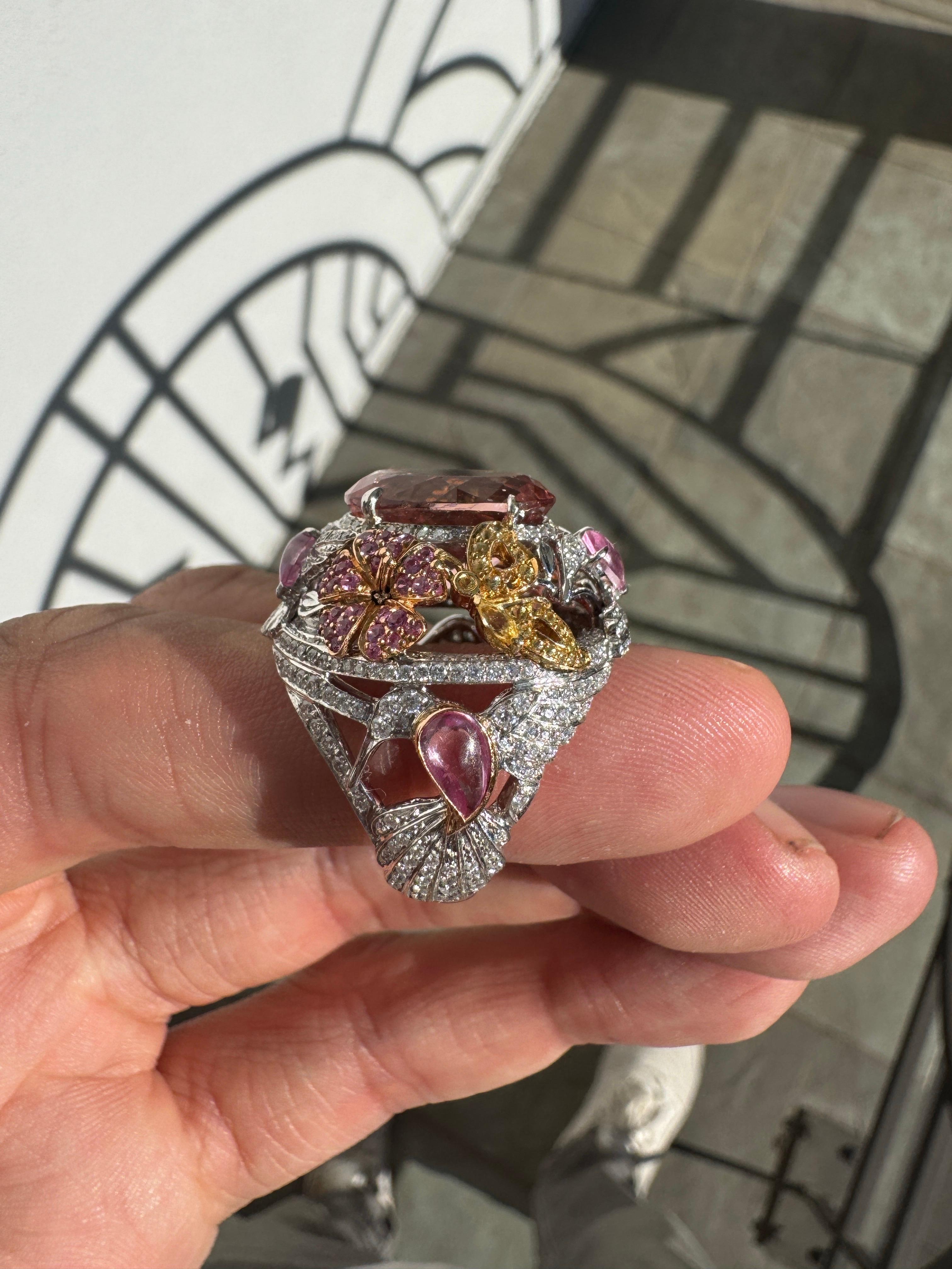 Oval Cut Garrard Hummingbird Collection 10ct Morganite Diamond Sapphire Ring 18K White For Sale