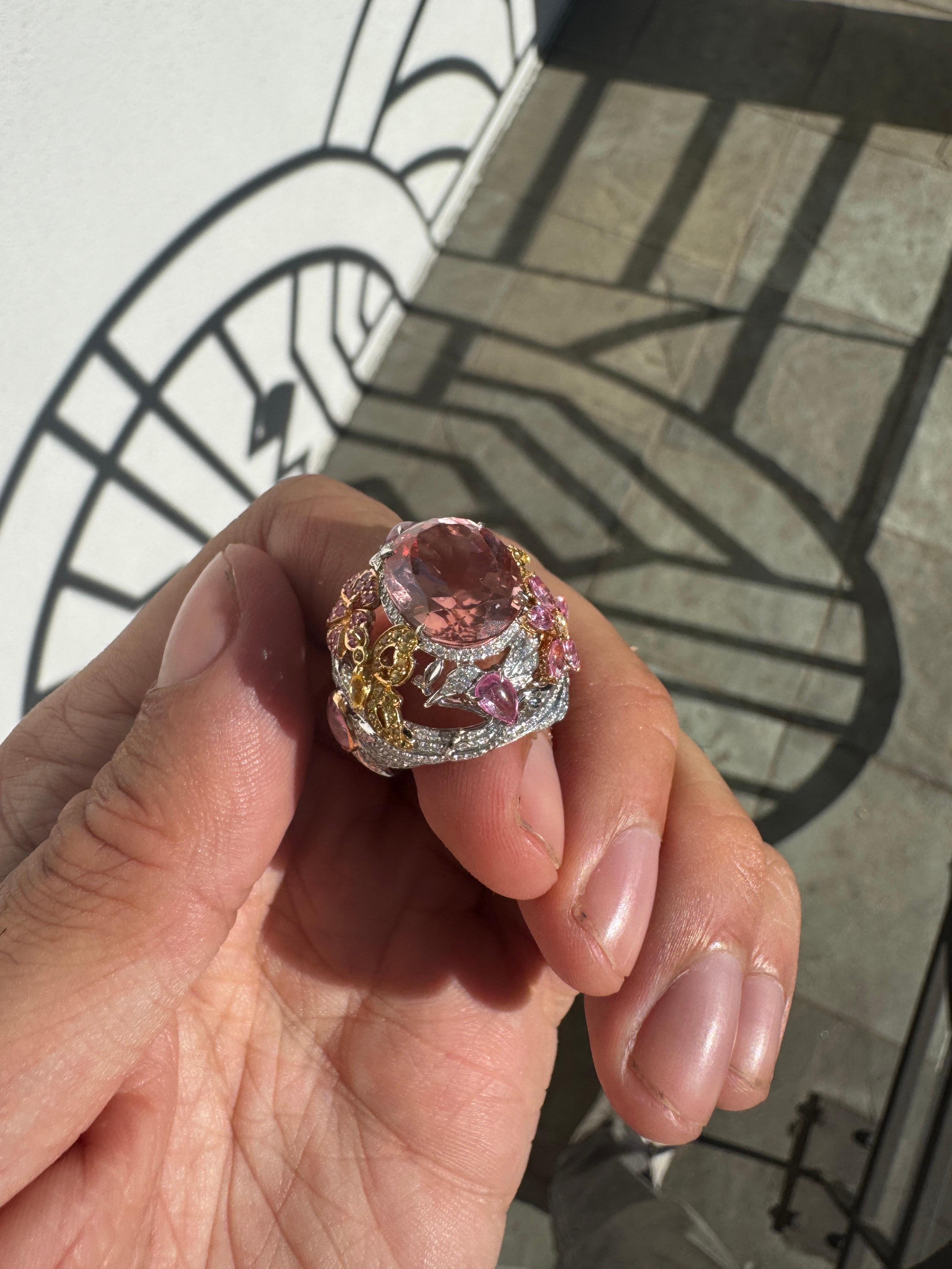 Garrard Hummingbird Collection 10ct Morganite Diamond Sapphire Ring 18K White In Excellent Condition For Sale In West Hollywood, CA