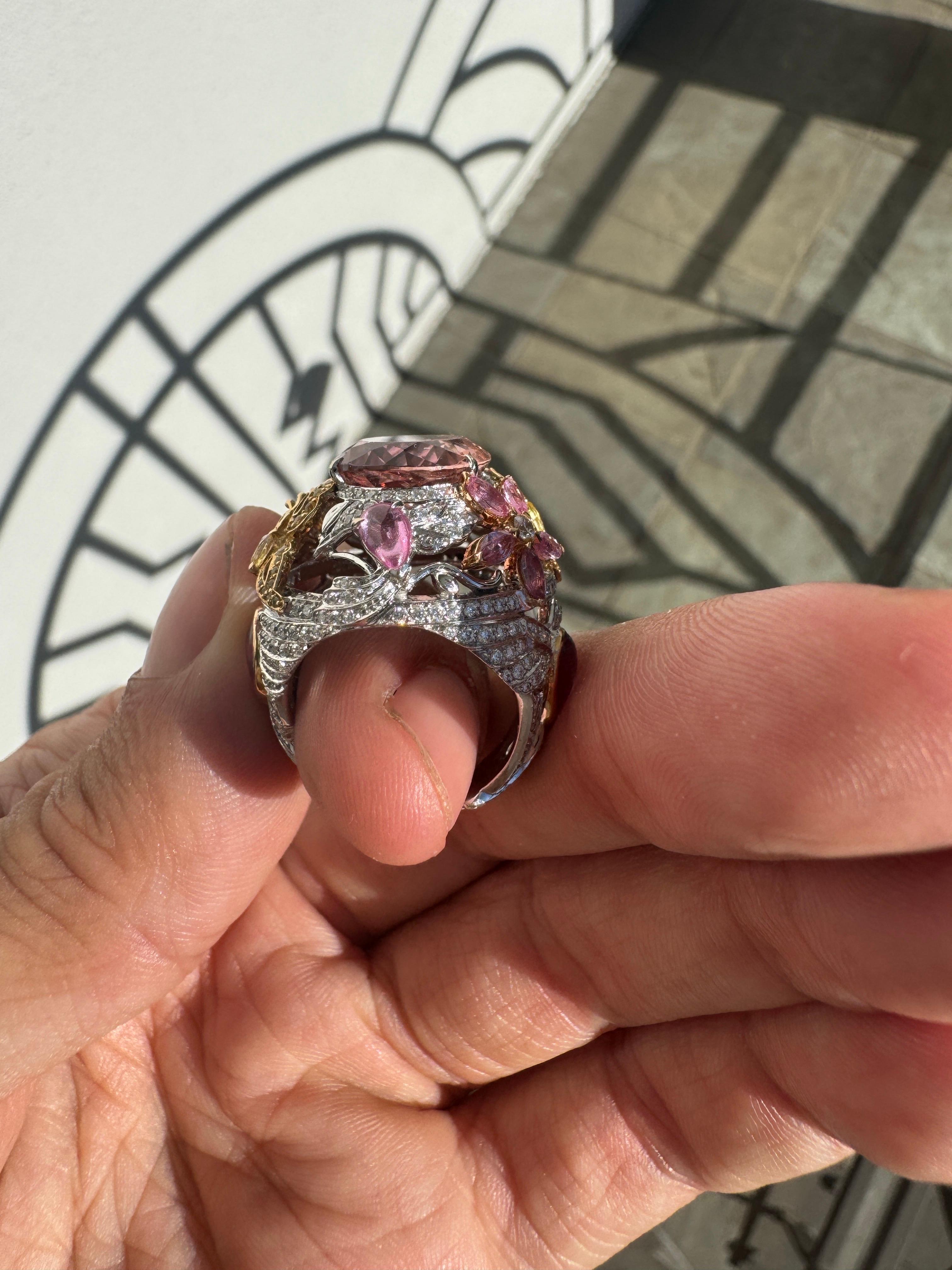 Garrard Hummingbird Collection 10ct Morganite Diamond Sapphire Ring 18K White For Sale 4