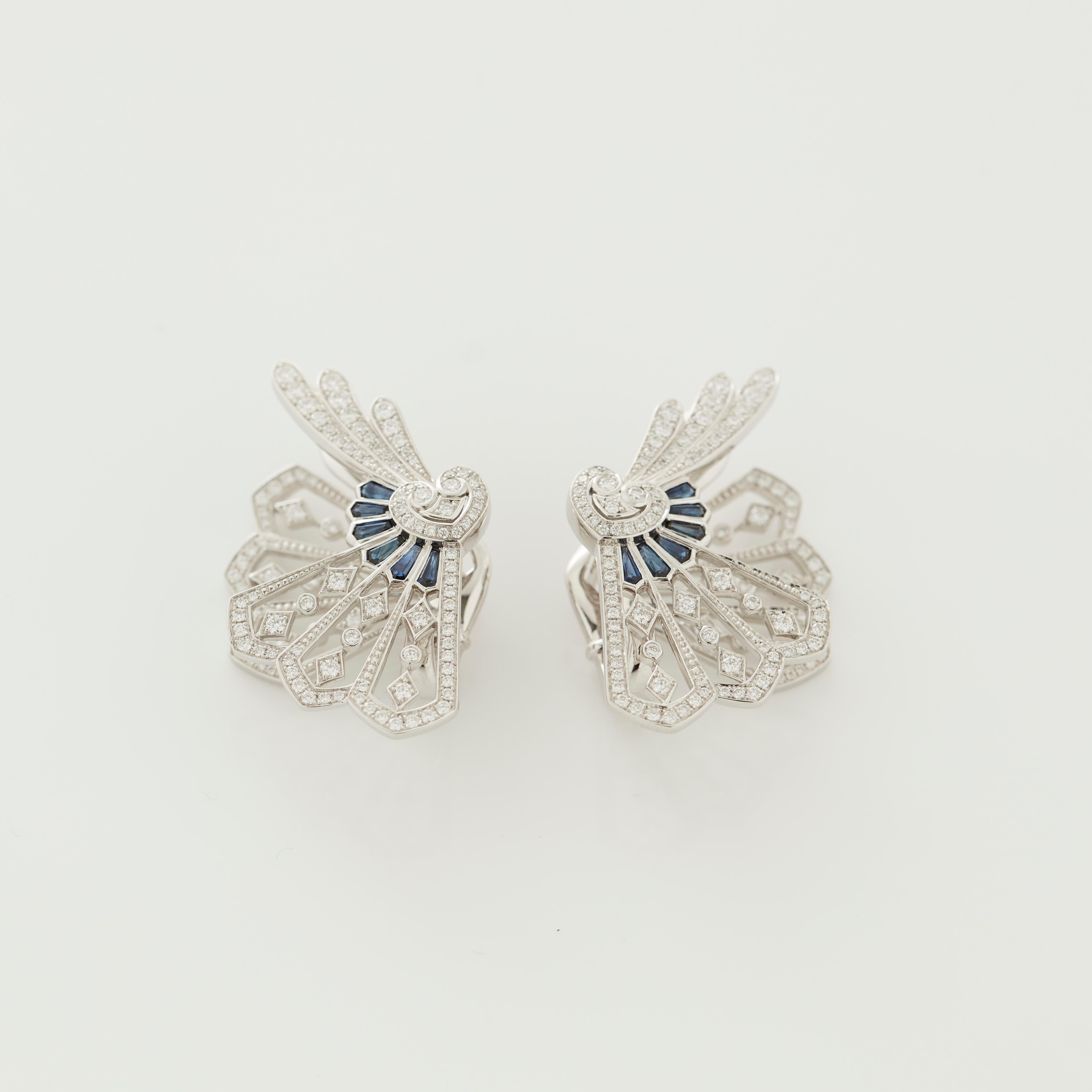 Garrard 'Fanfare' White Diamond and Calibre Cut Blue Sapphire Earring Climbers In New Condition In London, London