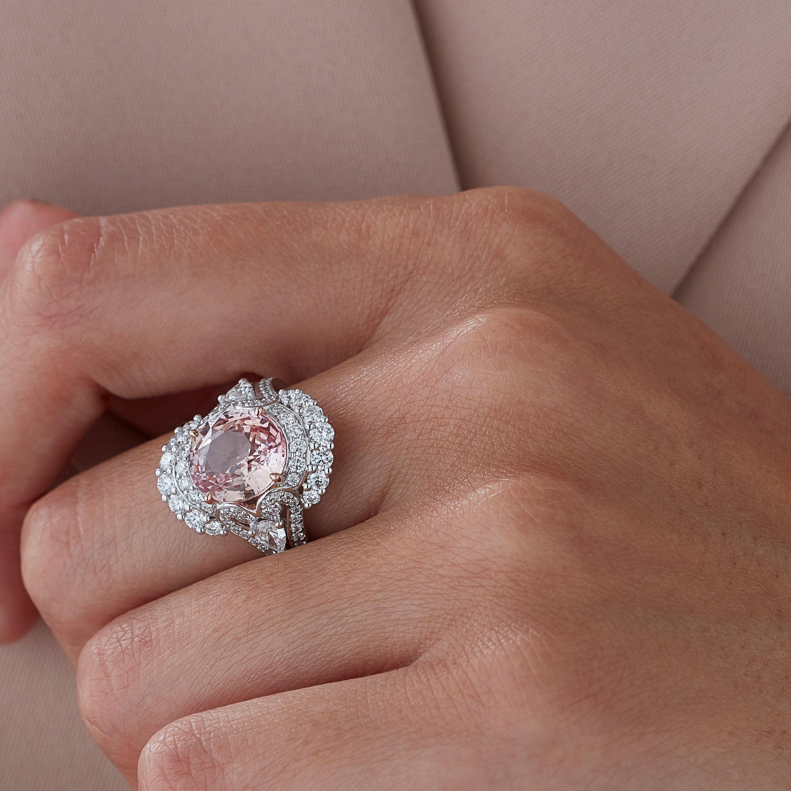 Modern Garrard 'Jewelled Vault' 18 Karat White Gold Diamond Padparadscha Sapphire Ring