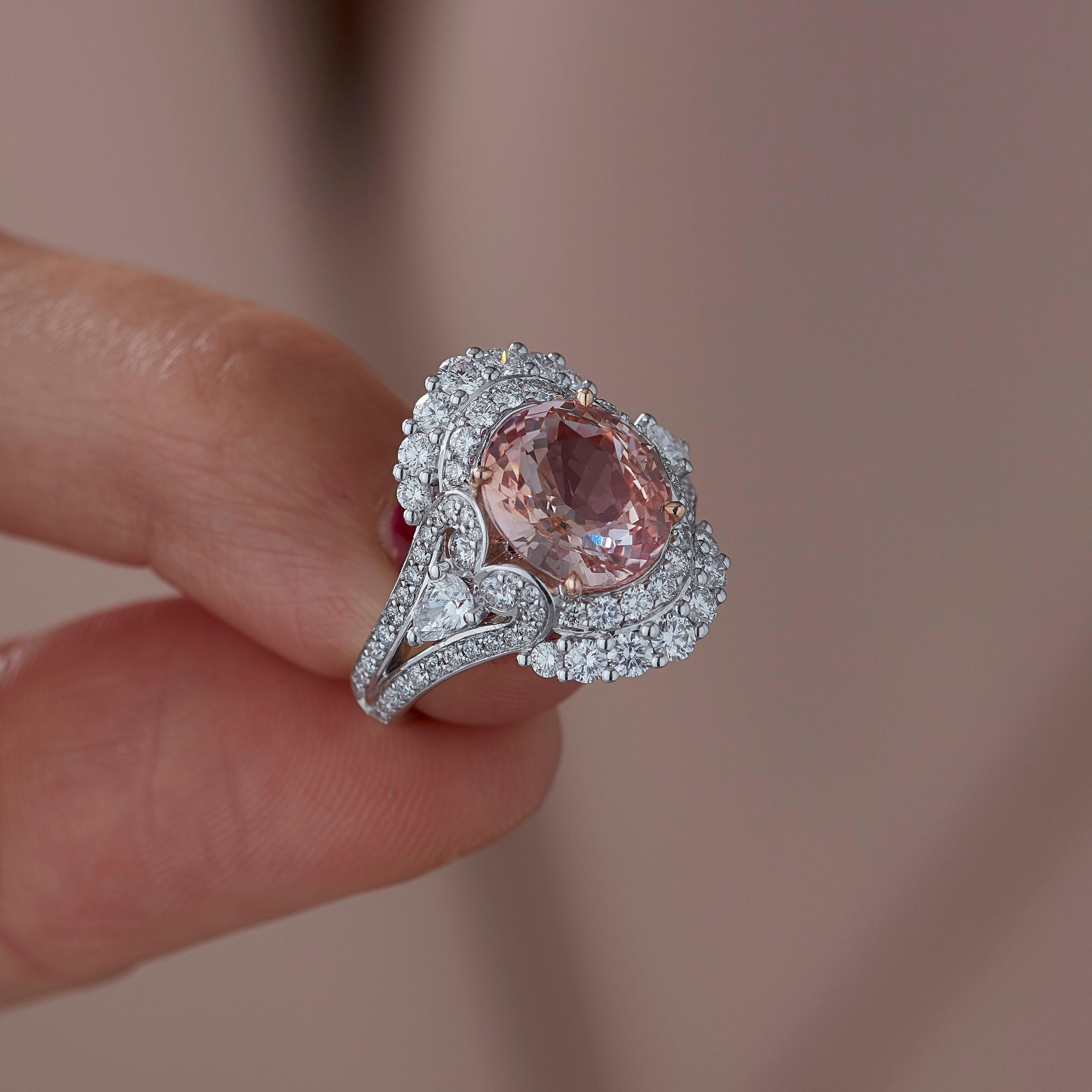 Oval Cut Garrard 'Jewelled Vault' 18 Karat White Gold Diamond Padparadscha Sapphire Ring
