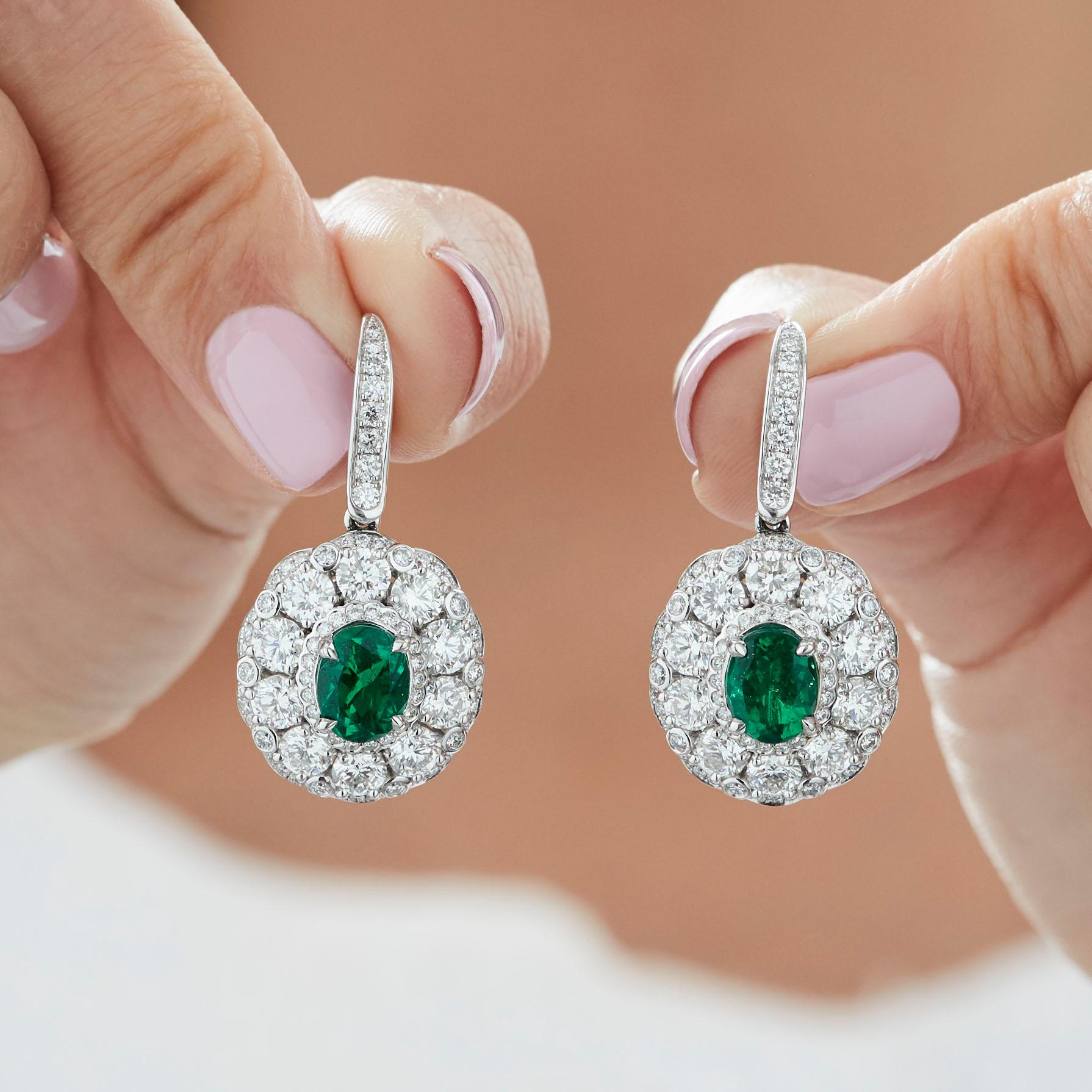 Modern Garrard 'Jewelled Vault' 18 Karat White Gold Emerald and White Diamond Earrings For Sale
