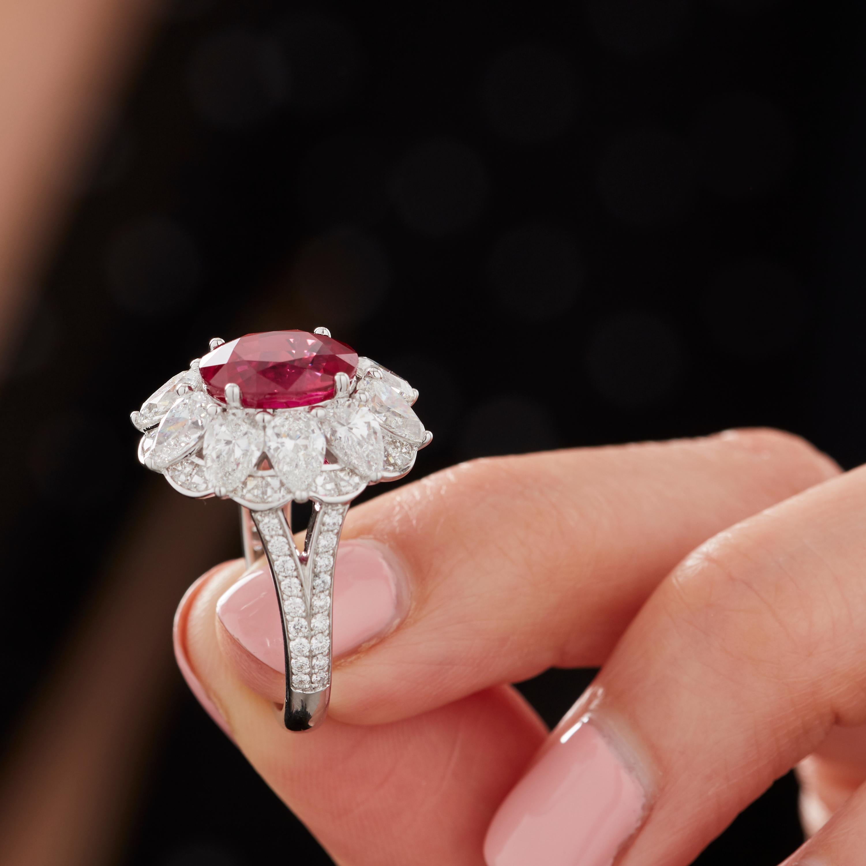 Oval Cut Garrard 18 Karat White Gold GRS 5.05cts Oval Ruby & White Diamond Cluster Ring For Sale