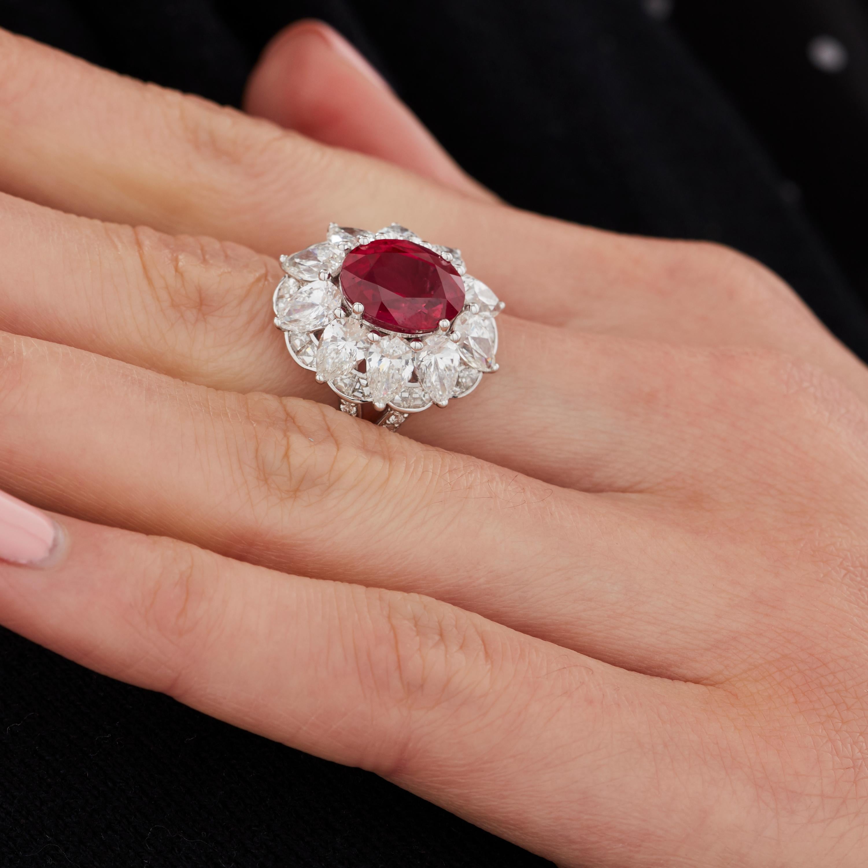 Women's Garrard 18 Karat White Gold GRS 5.05cts Oval Ruby & White Diamond Cluster Ring For Sale