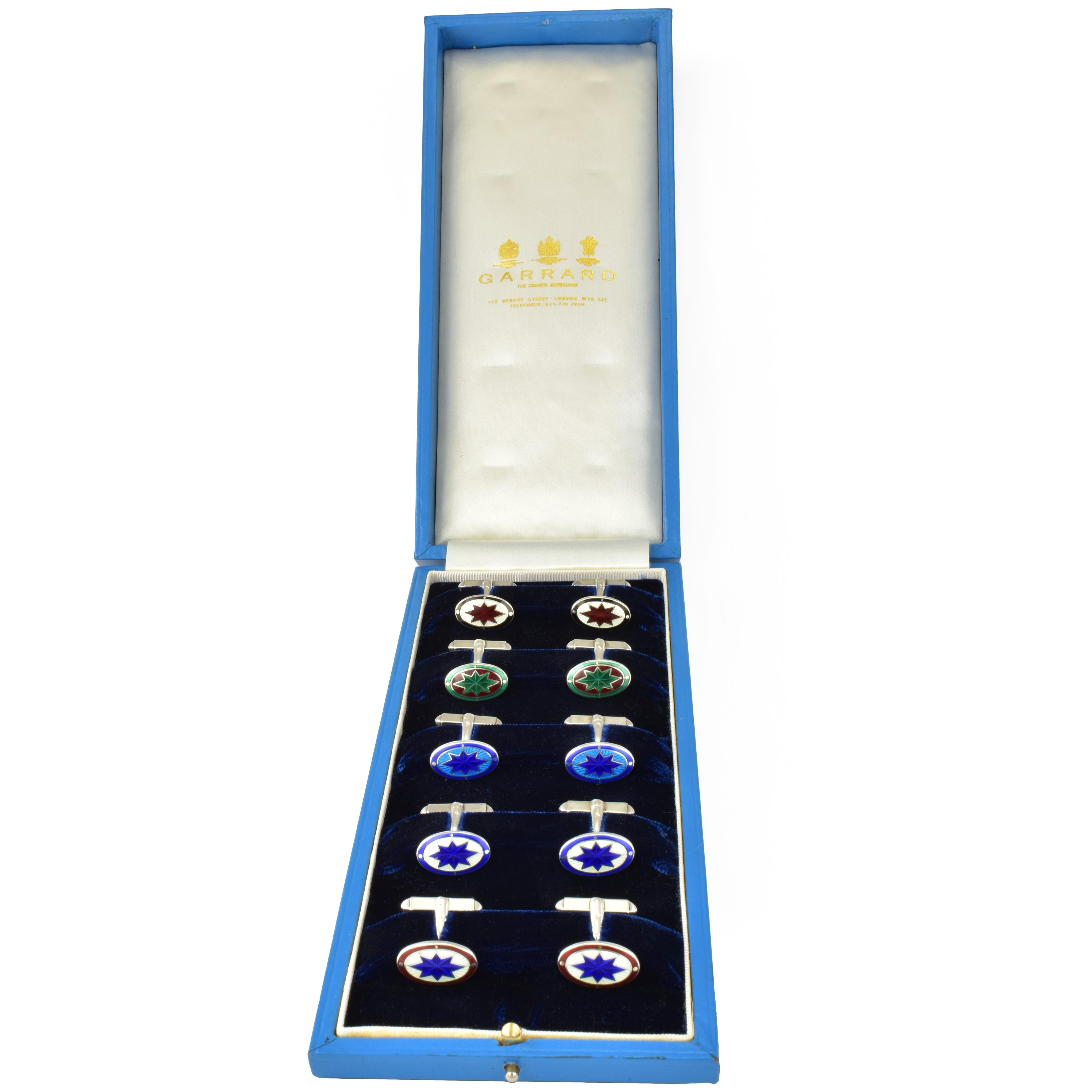 A superb rare set of Monday to Friday cuff links by crown jewelers Garrard.

 

Modelled in silver, each decorated with a star motif in an array of colored enamel.

 

One pair for every working day of the week.

 

hallmarked for the year 1992 with
