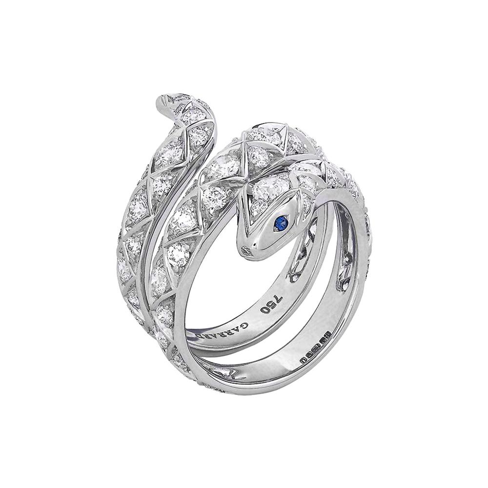Garrard 'Muse' 18 Karat White Gold White Diamond Blue Sapphire Serpent Ring For Sale