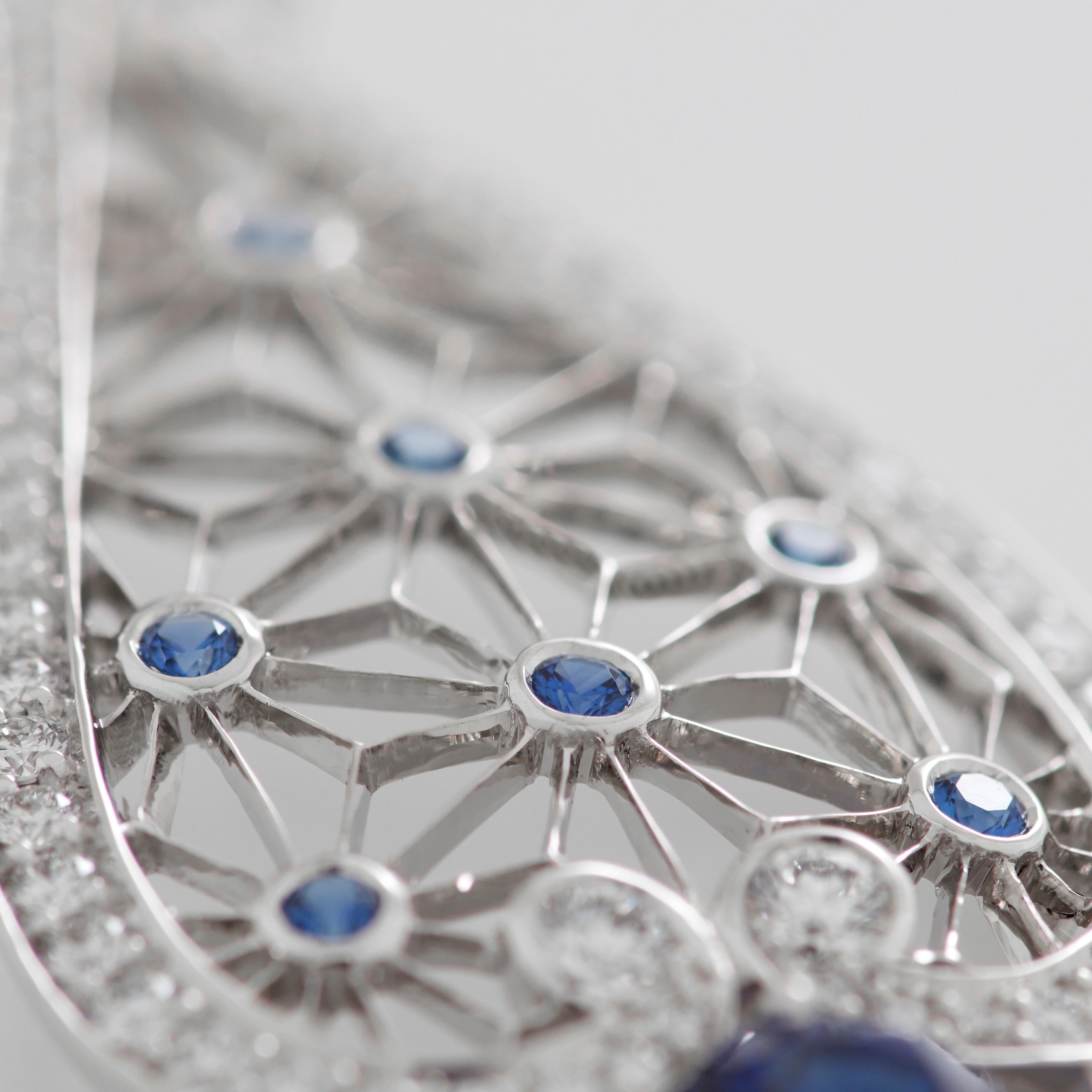Garrard 'Muse' 18 Karat White Gold, White Diamond and Sapphire Filigree Earrings In New Condition For Sale In London, London