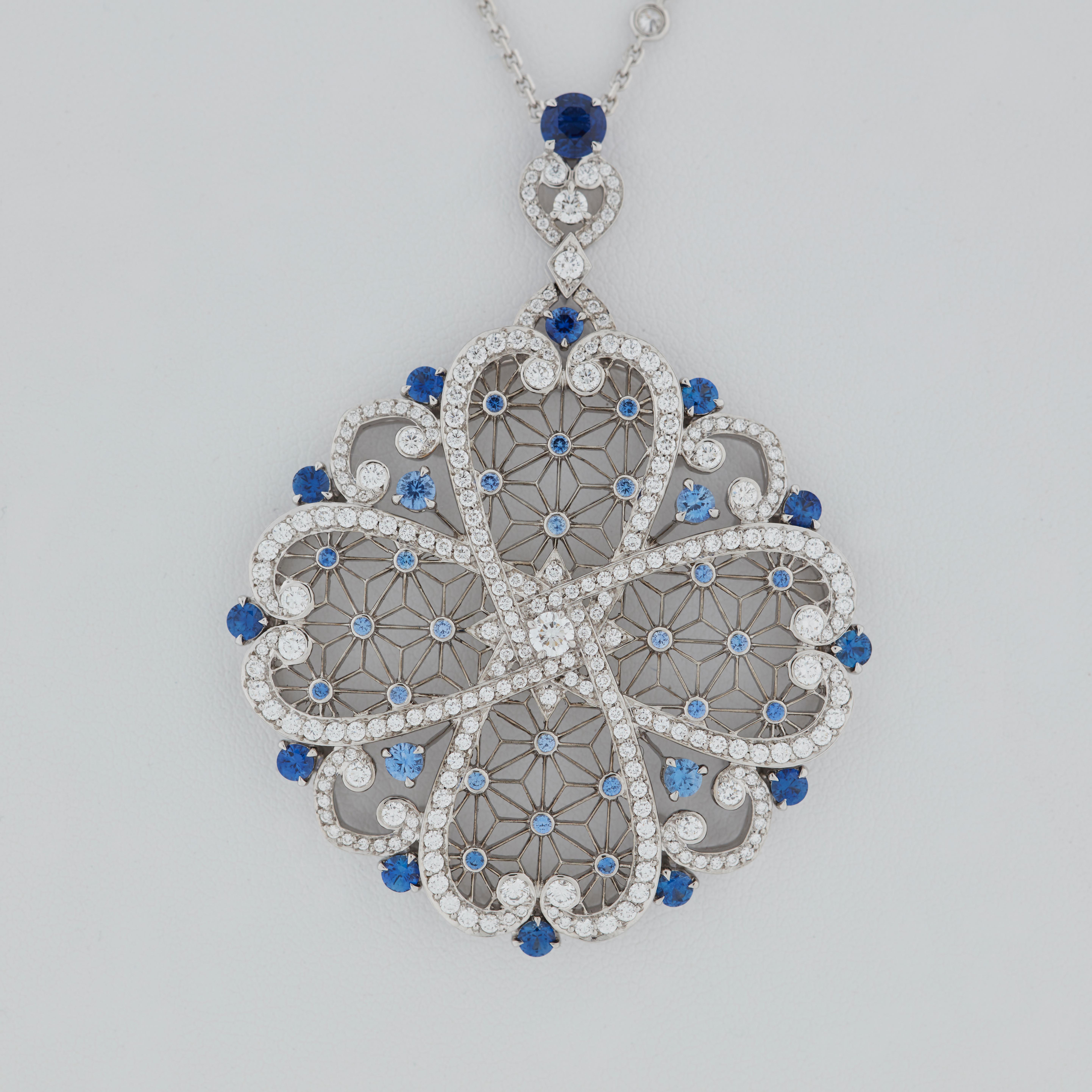 Garrard 'Muse' Filigree 18 Karat White Gold Diamond and Blue Sapphire Necklace In New Condition For Sale In London, London