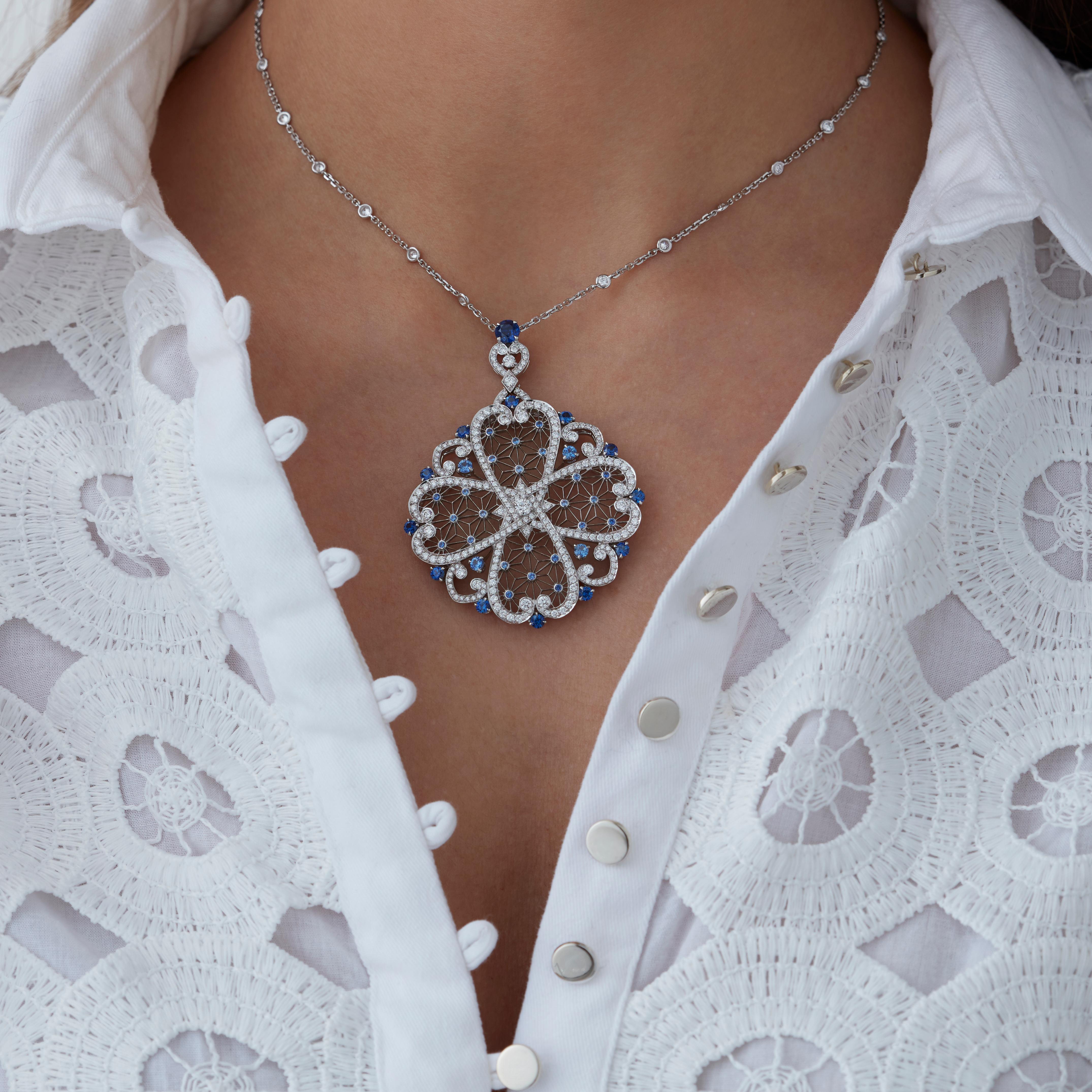 Women's Garrard 'Muse' Filigree 18 Karat White Gold Diamond and Blue Sapphire Necklace For Sale